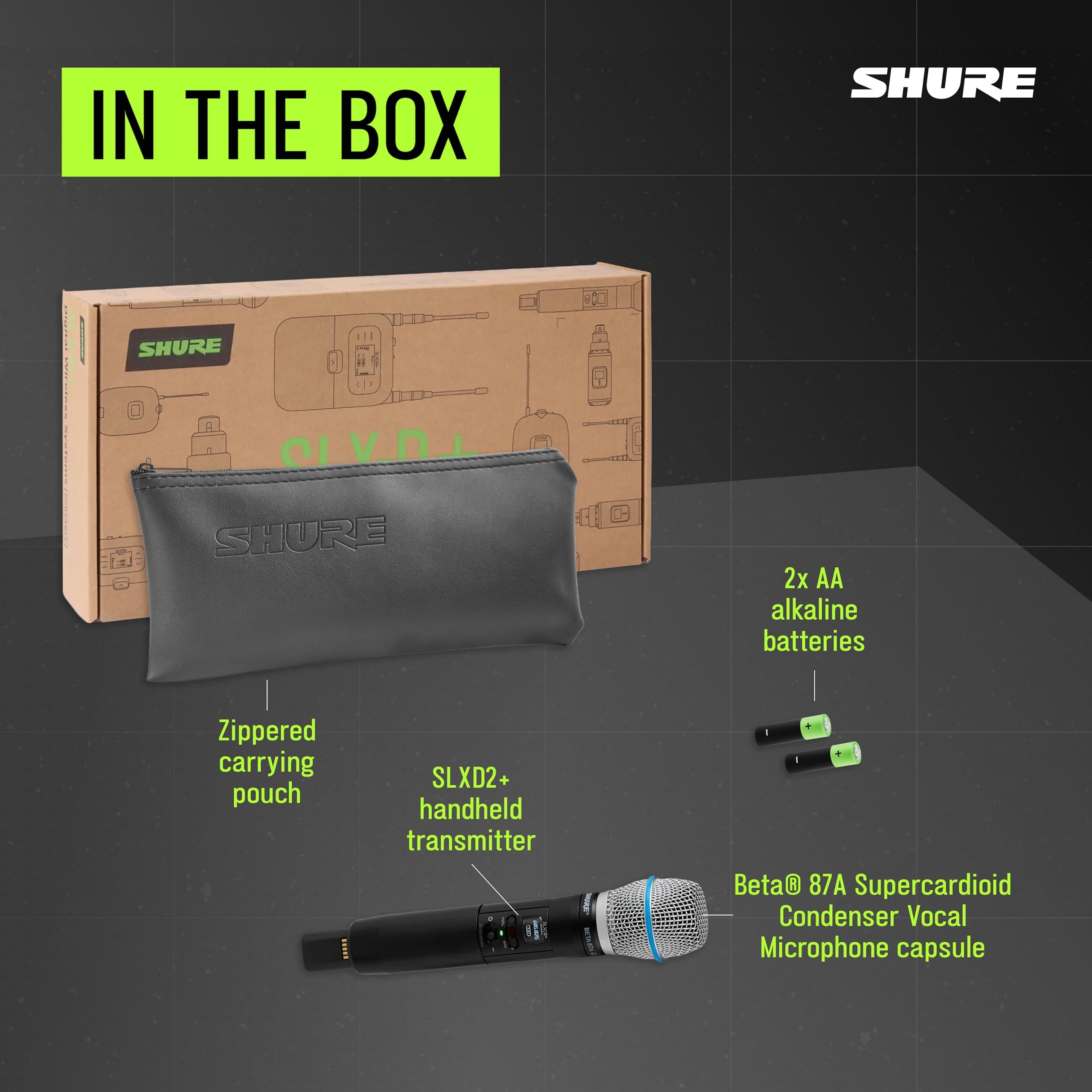 Shure SLXD2+ Handheld Transmitter with Beta87A Capsule - Pro Audio Management, 24-bit Audio, Wide-Tuning Range, ShowLink Control, Automatic Frequency Management, Mobile Configuration, 8-Hour Battery