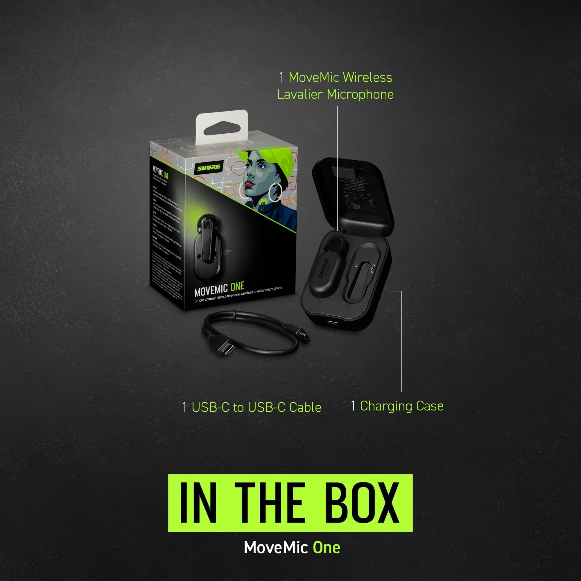 Shure MoveMic One - Pro Direct to Phone Wireless Lavalier Microphone for iPhone & Android, Bluetooth Mini Mic, 24 Hours Charge, Quick Set Up, IPX4, Compact & Portable Clip Lav (MV-ONE-Z7)