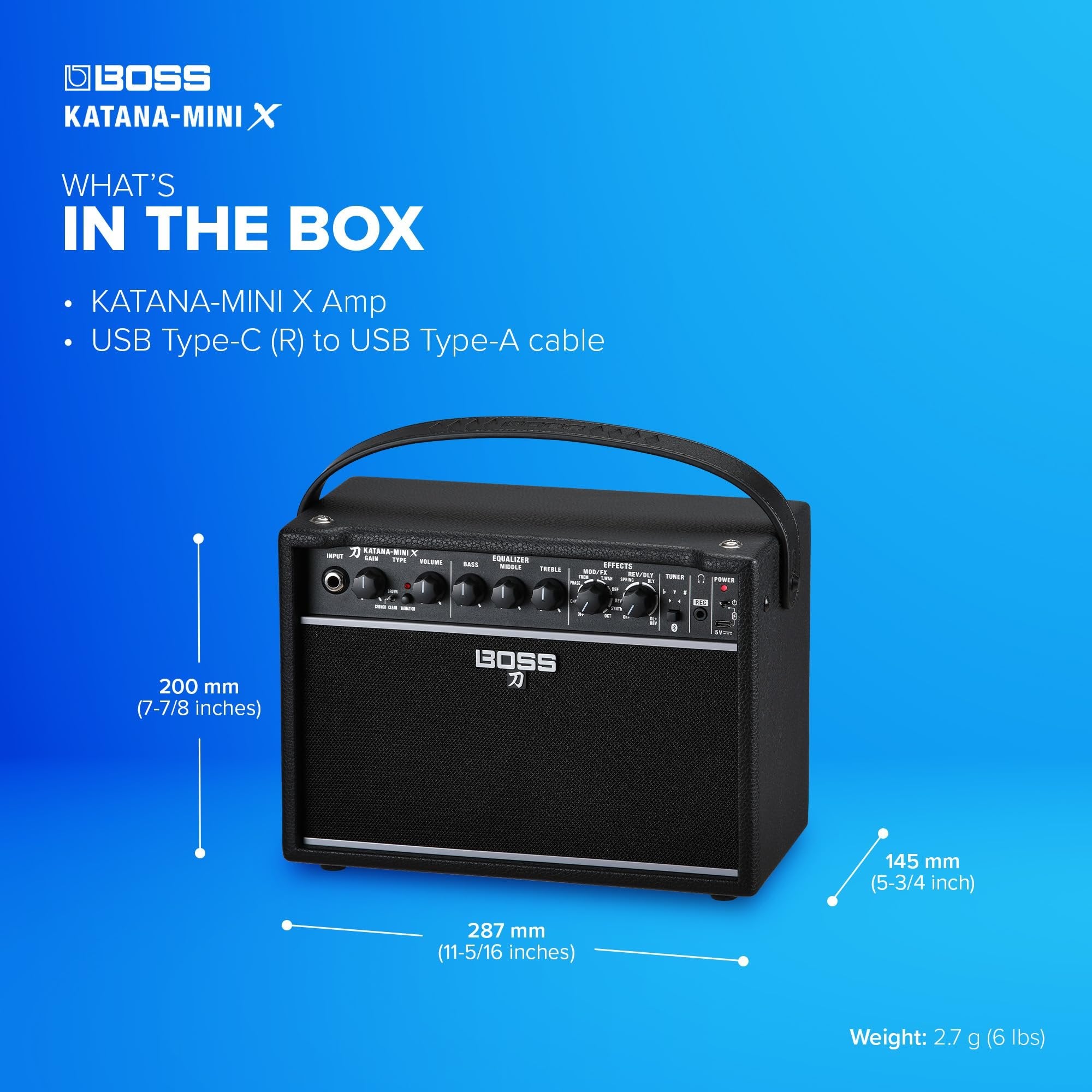 BOSS Katana-Mini X | Powerful 10-Watt Mini Amplifier for Electric, Acoustic & Bass | Tube Logic Design | Custom 5” Speaker | Versatile Sounds & Dual Effects | Bluetooth | Built-in Rechargeable Battery