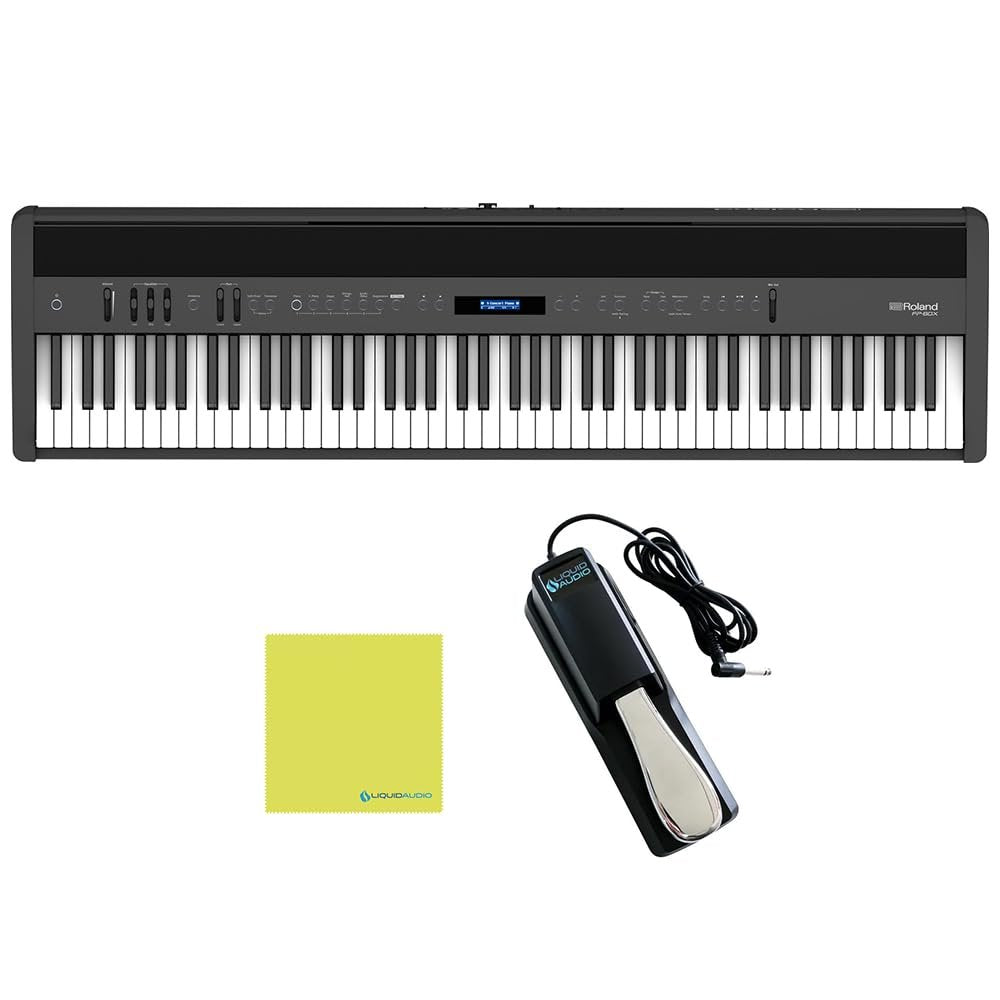Roland FP-60X Digital Piano Black Bundle with Sustain Pedal & Polishing Cloth – Portable 88-Key Piano with SuperNATURAL Sound Engine, Bluetooth Connectivity & Built-In Stereo Speakers