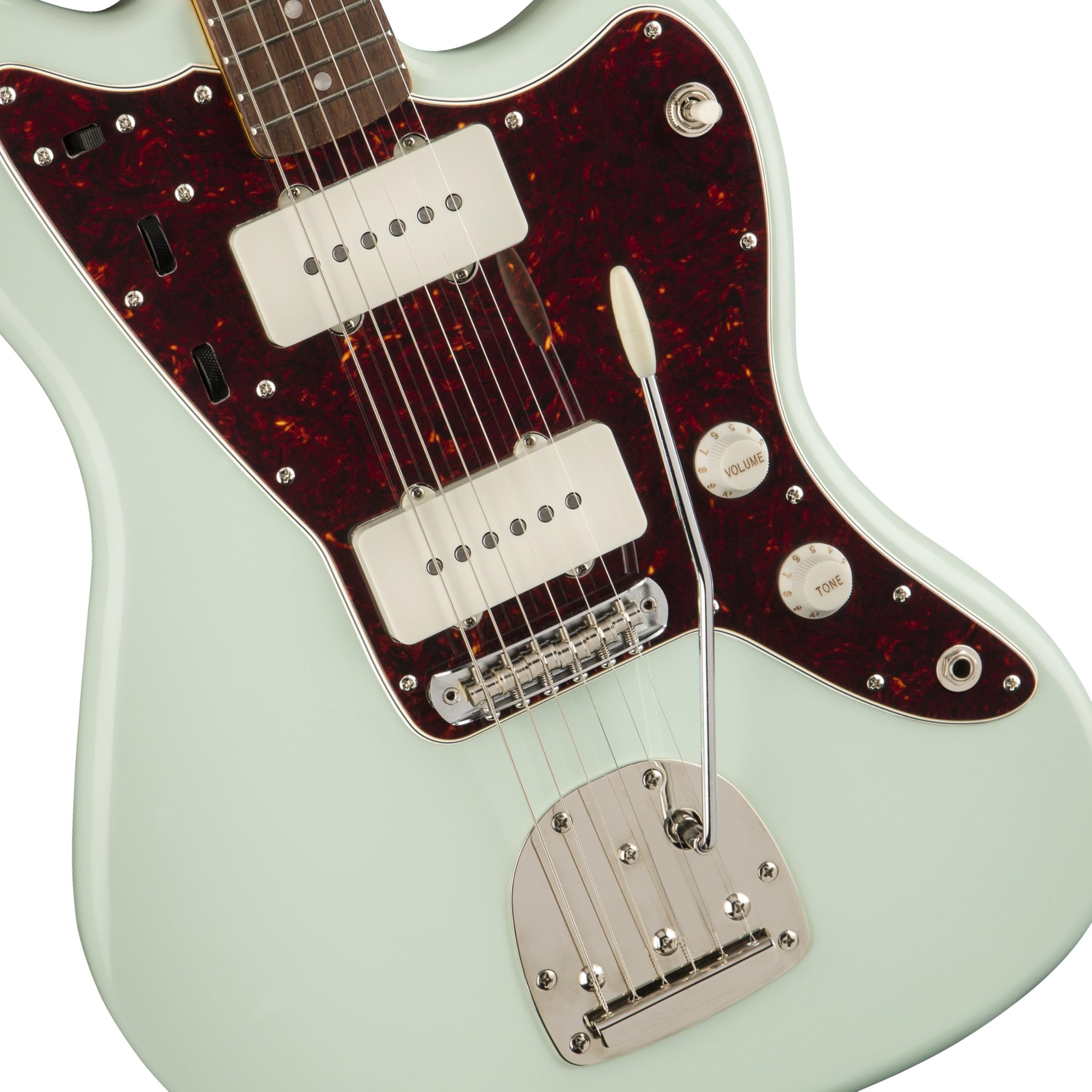 Squier Classic Vibe '60s Jazzmaster Electric Guitar Sonic Blue Bundle with 12x Guitar Picks & Polishing Cloth – Laurel Fingerboard, Vintage-Style Tremolo, Alnico Single-Coil Pickups