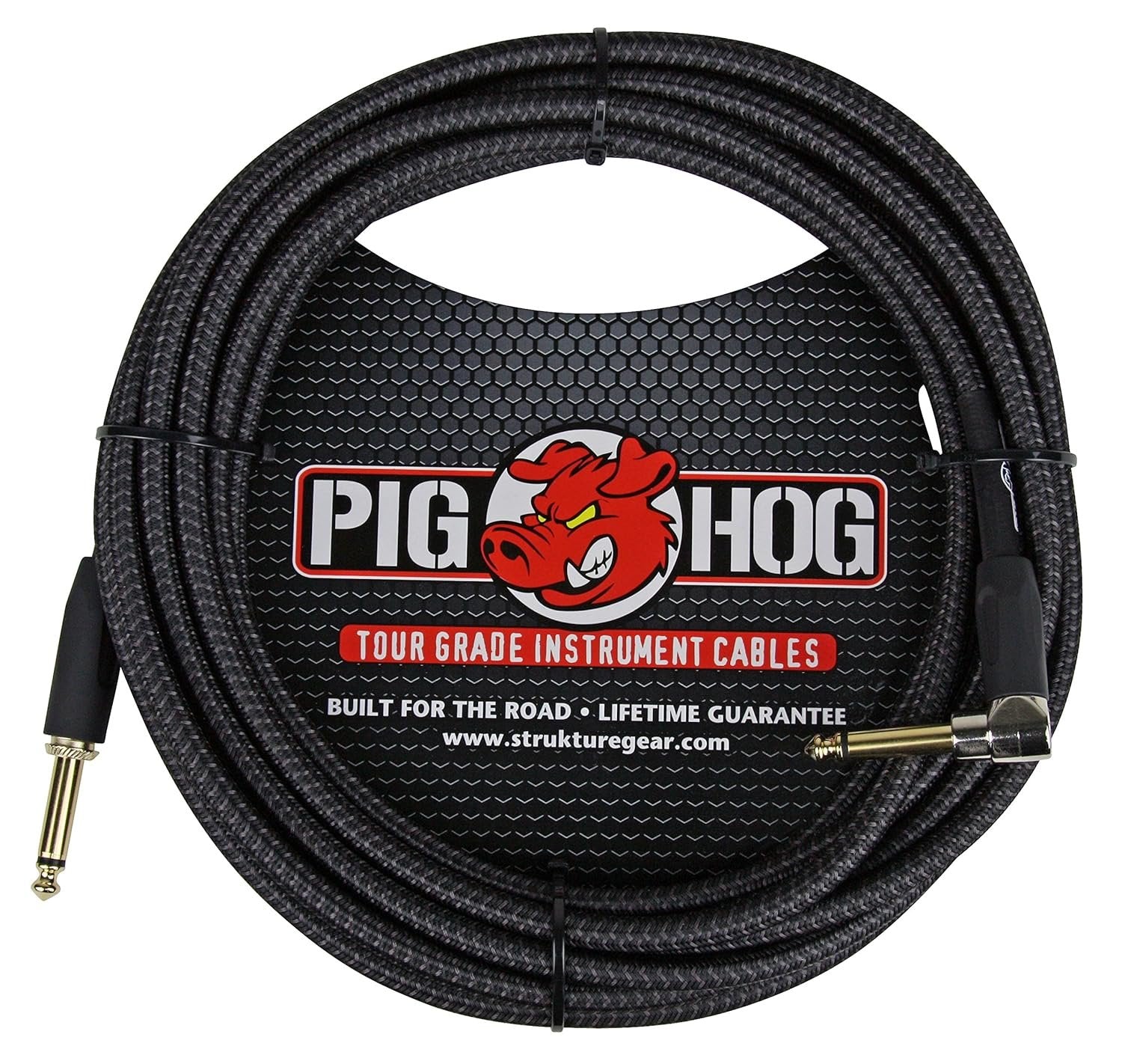 Pig Hog PCH10BKR 1/4" Right-Angle to 1/4" Black Woven Guitar Instrument Cable, 10 Feet