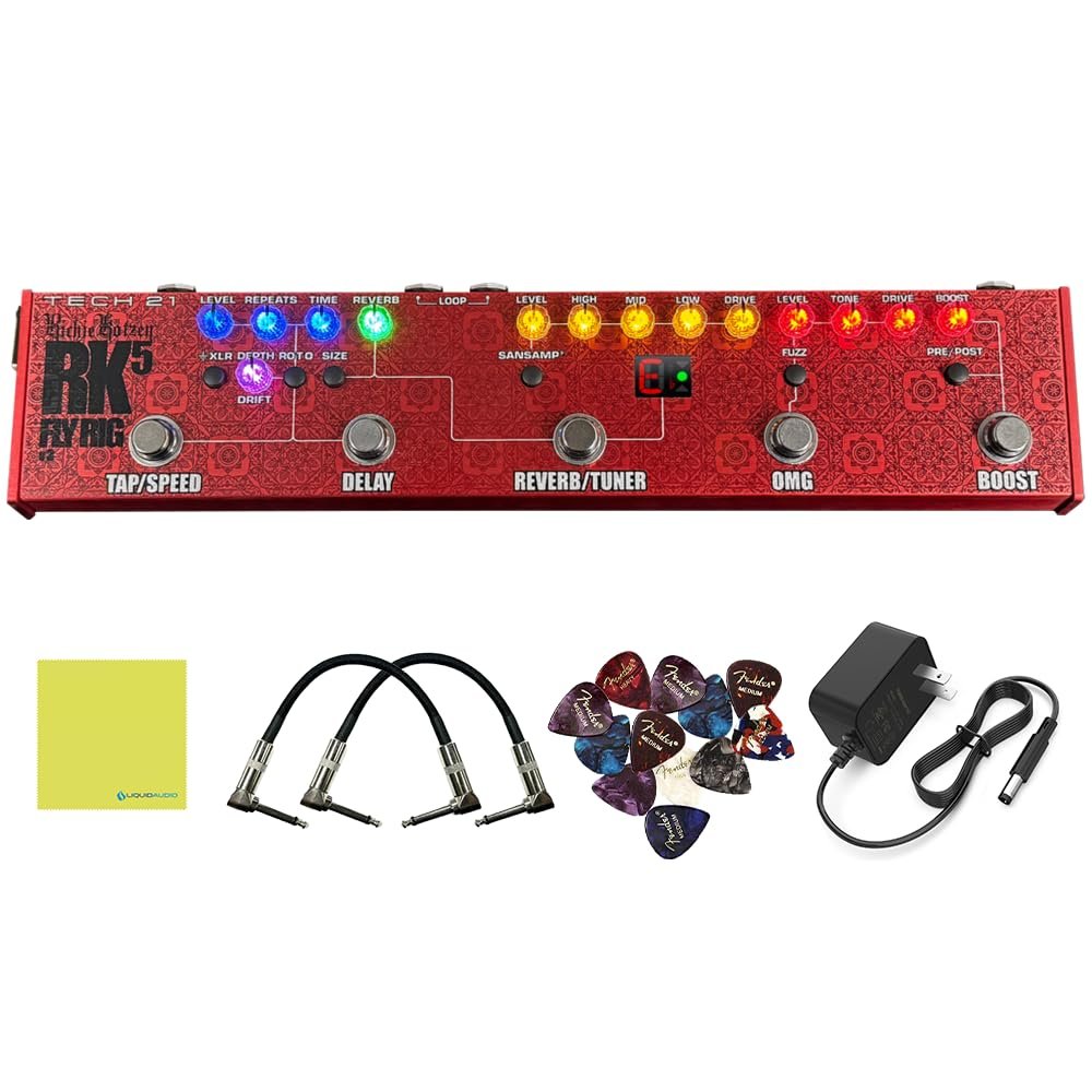 Tech 21 Richie Kotzen RK5 Signature Fly Rig v3 Bundle with 2 Right Angle Patch Cables, 12 Guitar Picks, 9V Power Adapter & Polishing Cloth – Compact Multi-Effects Pedal for Versatile Tones