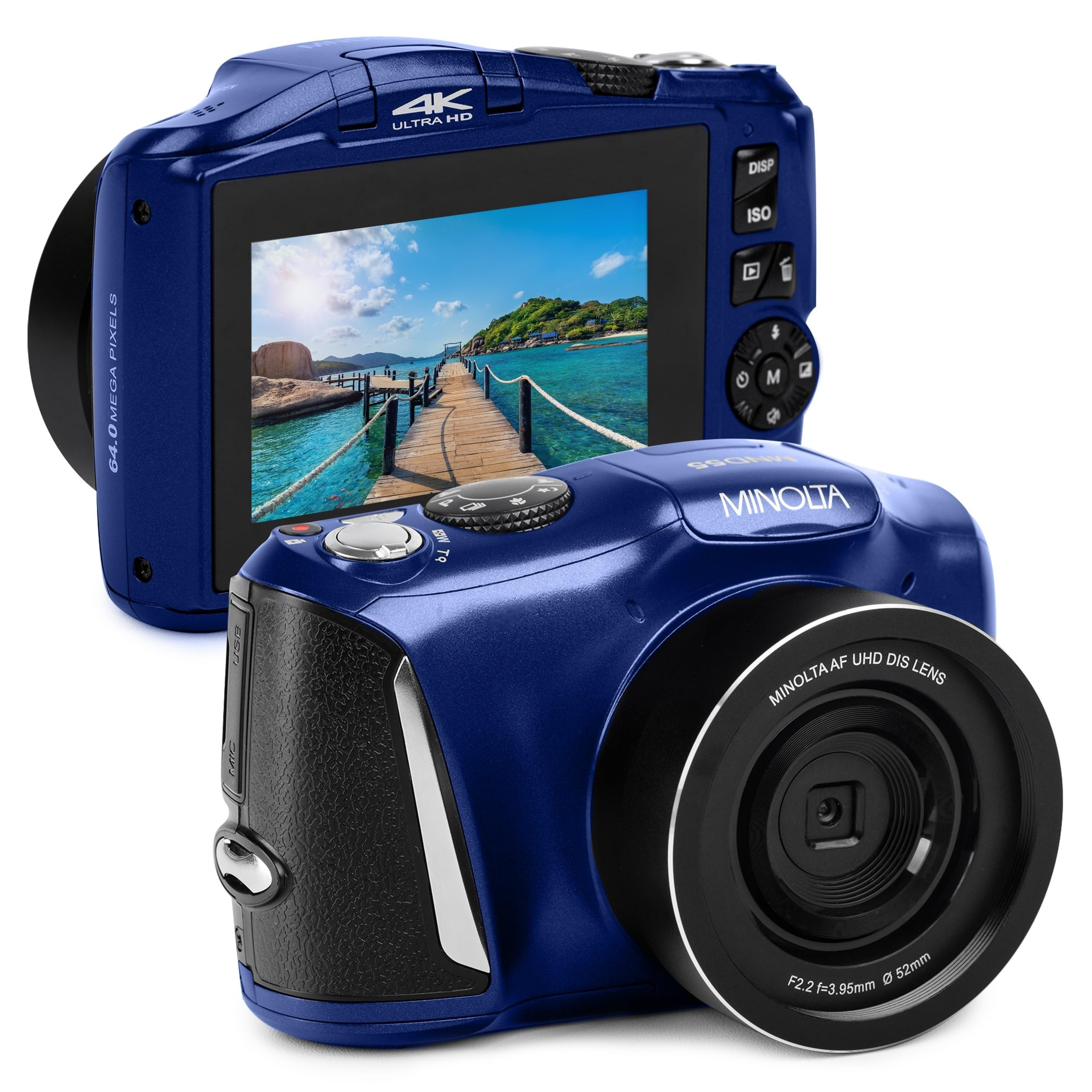 Minolta 64MP Digital Camera – 4K Ultra HD Video at 60FPS, 16x Digital Zoom, WiFi, CMOS Sensor, 3-inch LCD Display, Auto Exposure - Includes 32GB Memory Card, Rechargeable Battery (Blue)