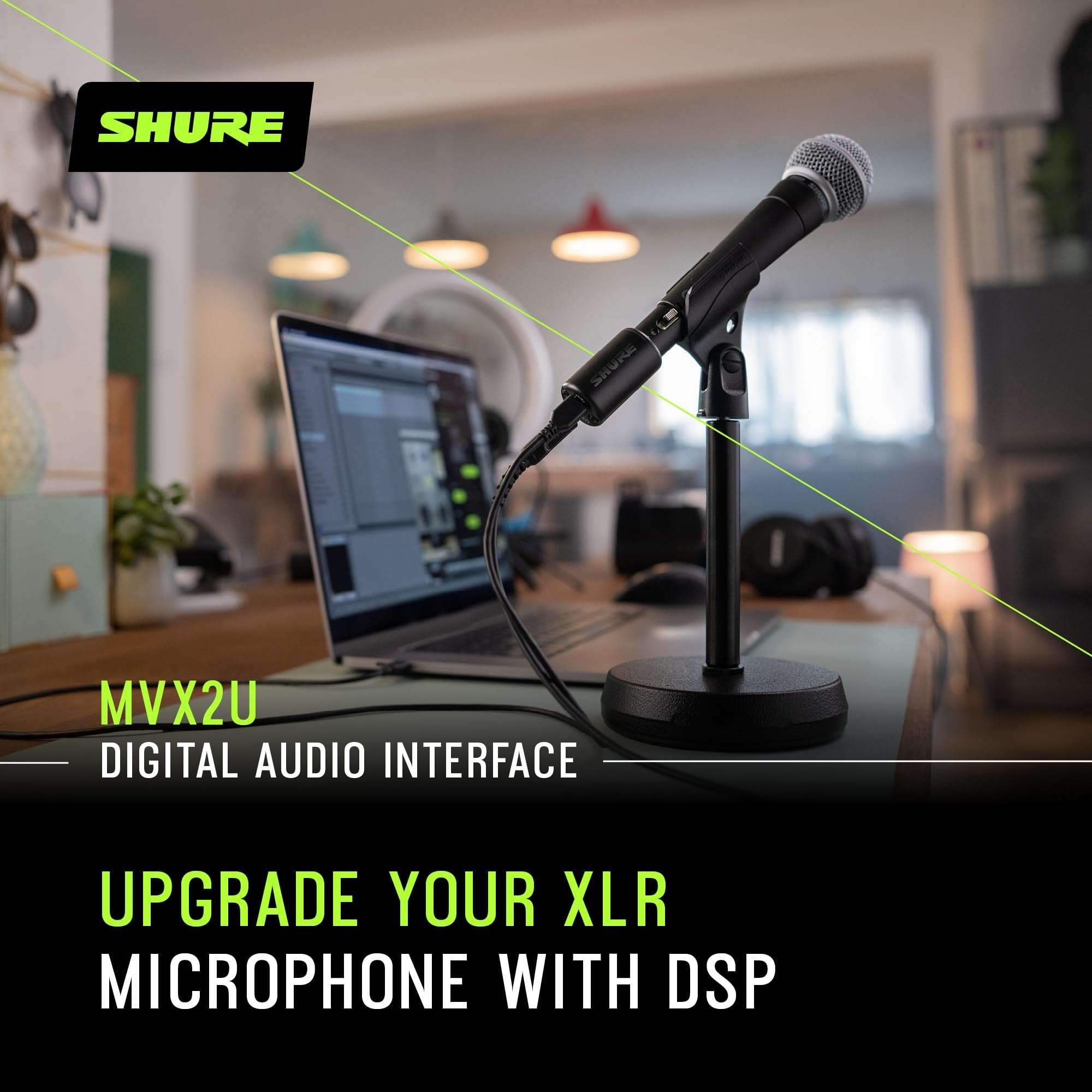 Shure MVX2U XLR-to-USB Interface with Headphone Jack, 60dB Gain, Zero-Latency Monitoring, 48V Phantom Power, ShurePlus App, USB-C Cable
