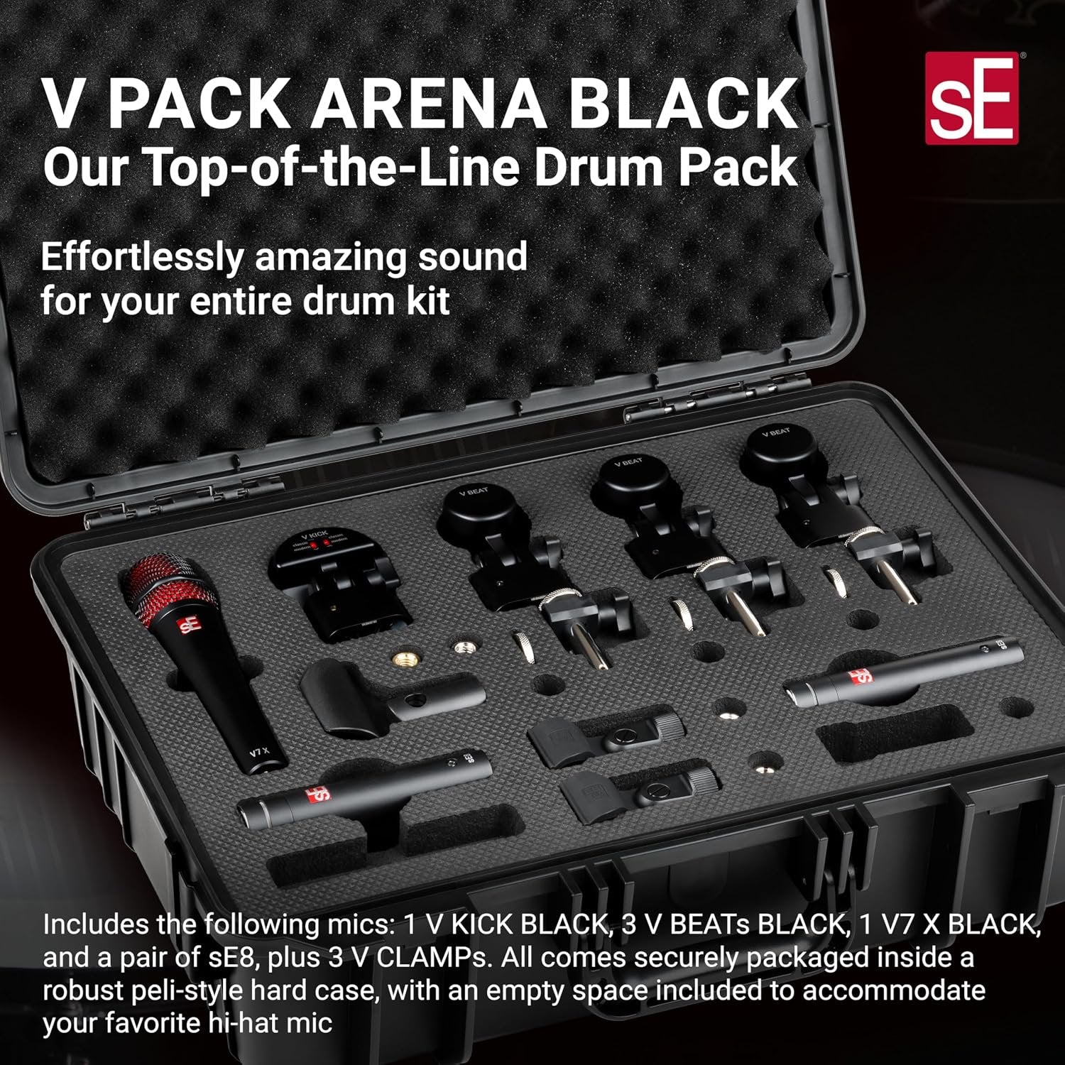 SE ELECTRONICS V Pack Arena Black Drum Mic Kit for Toms, Snares & Bass Drums - Includes 1 V Kick, 3 V Beats, 3 V Clamps, 1 V7 X Instrument Microphone, 2 sE8 Condensers & More