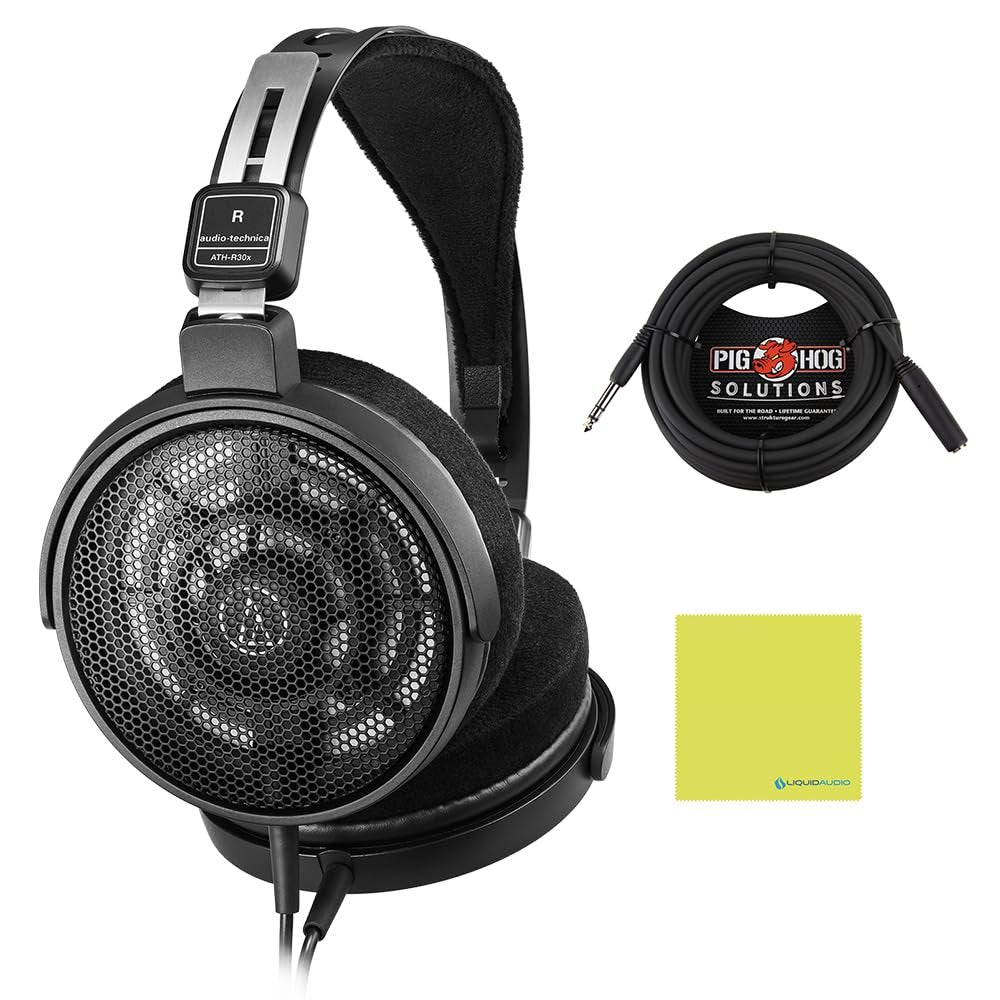 Audio Technica ATH-R30x Over-Ear Open-Back Reference Headphones Bundle with 25ft Pig Hog Headphone Extension Cable (1/4") & Polishing Cloth – Studio Monitoring, Mixing & Critical Listening