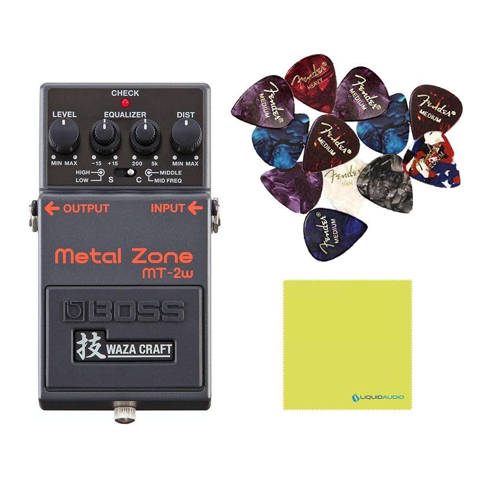 Boss FZ-1W Waza Craft Fuzz Pedal Bundle with Boss MT-2W Waza Metal Zone Distortion Pedal, 12 Guitar Picks and Polishing Cloth
