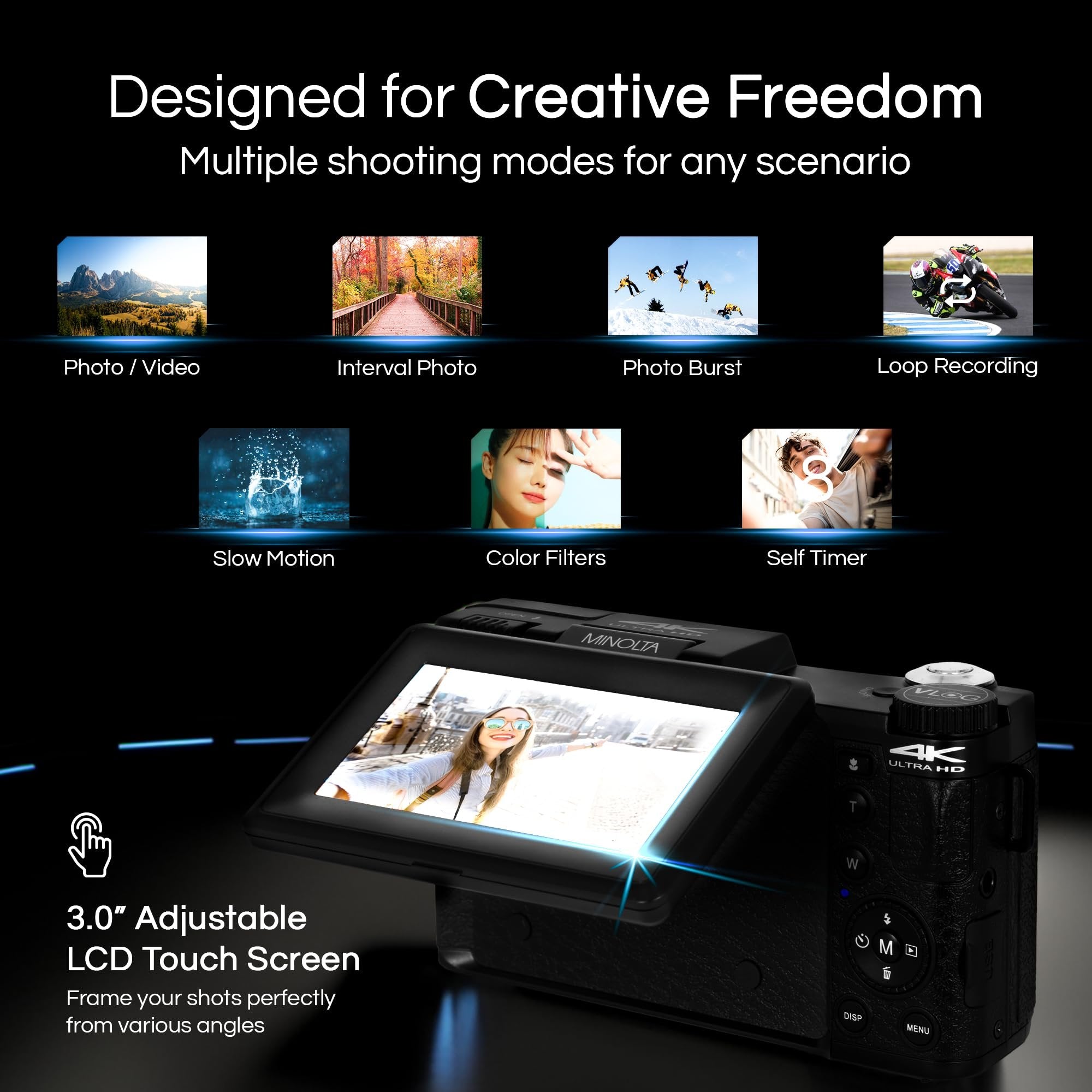 Minolta 64MP 4K60FPS VLOG Camera Kit – Digital Autofocus Camcorder with Tripod, Remote, Mic, LED Light, 3-inch LCD Screen, Time-Lapse, Slow Motion, Wide Angle Lens, 32GB Card, USB