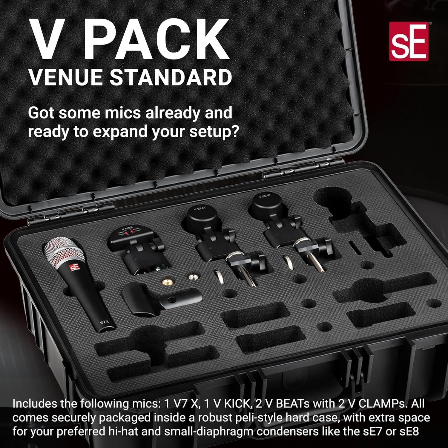 SE ELECTRONICS V Pack Venue Standard Drum Mic Kit for Toms, Snares & Bass Drums - Includes 1 V Kick, 2 V Beats, 2 V Clamps, 1 V7 X Instrument Microphone & More