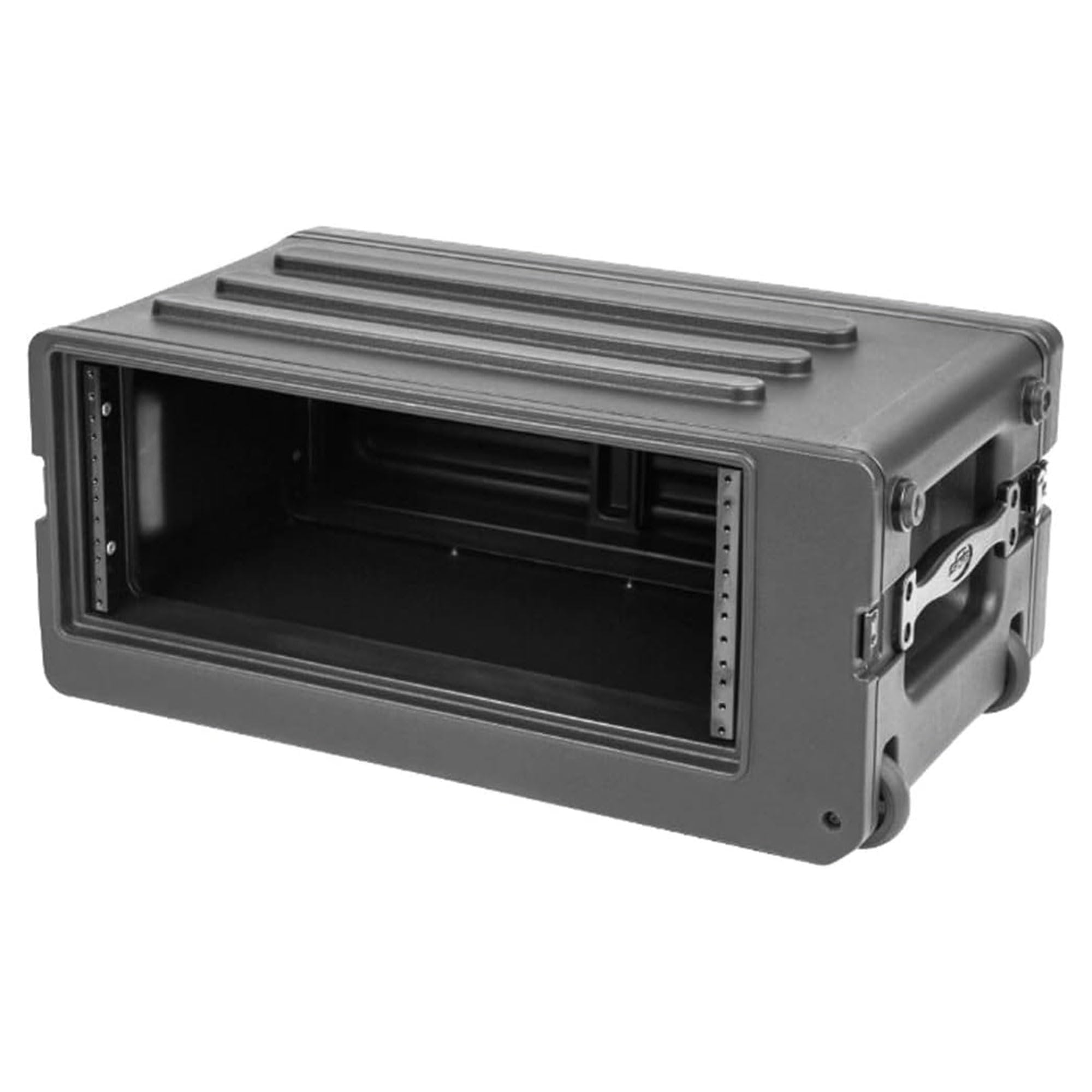 SKB 4U rSeries Shallow Rolling Rack with Integrated Back Wheels and 1-Touch Pull Handle, Comes with 8 Rack Units and Interlocking Molded Stacking Bars