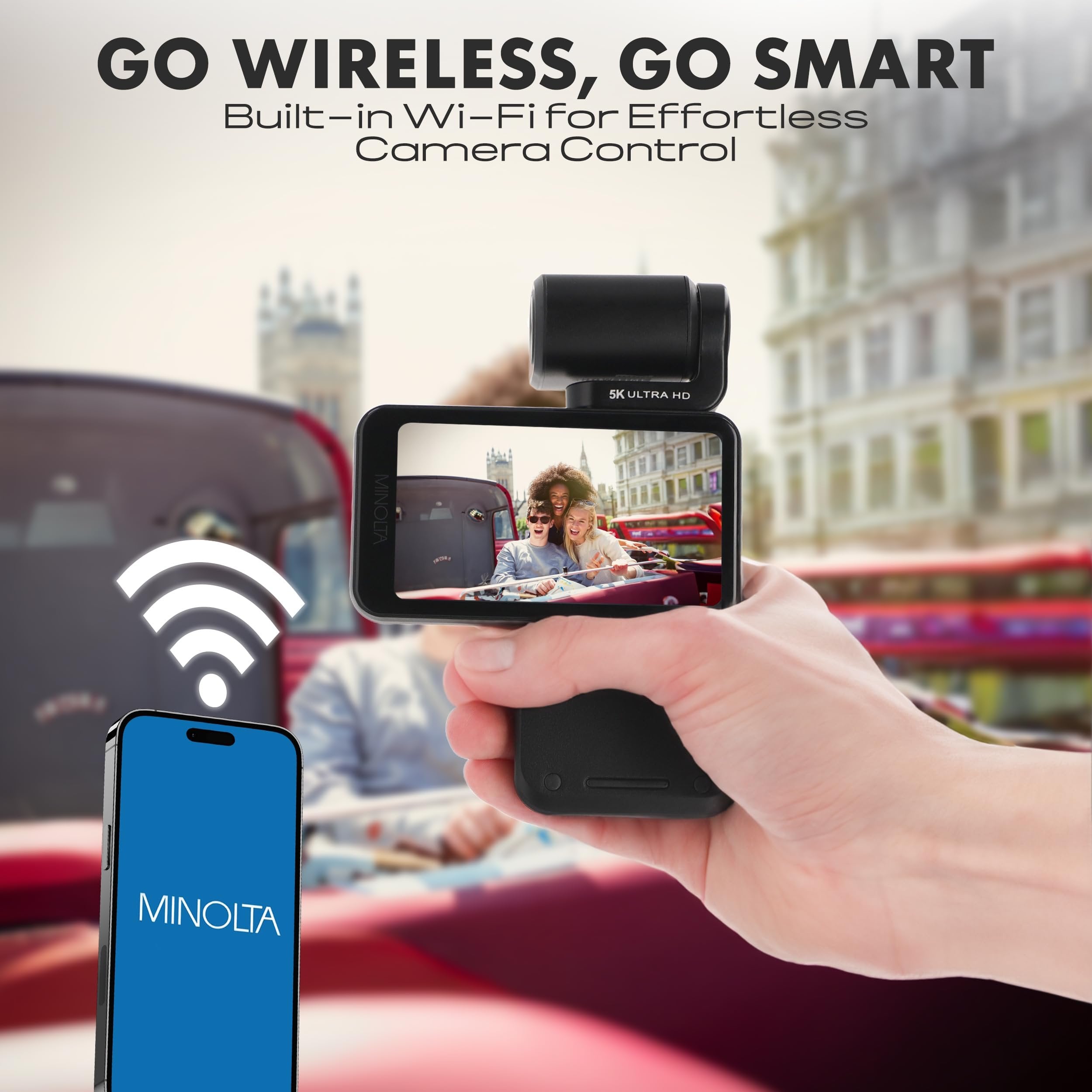 Minolta Pocket Camcorder – 5K Ultra HD Video, 4K at 60fps, 20MP Photos, Night Vision, Motorized 180° Tilting Lens, 3.5” Touchscreen, Wi-Fi, App Control, Infrared Sensor, Compact, Gimbal-Style