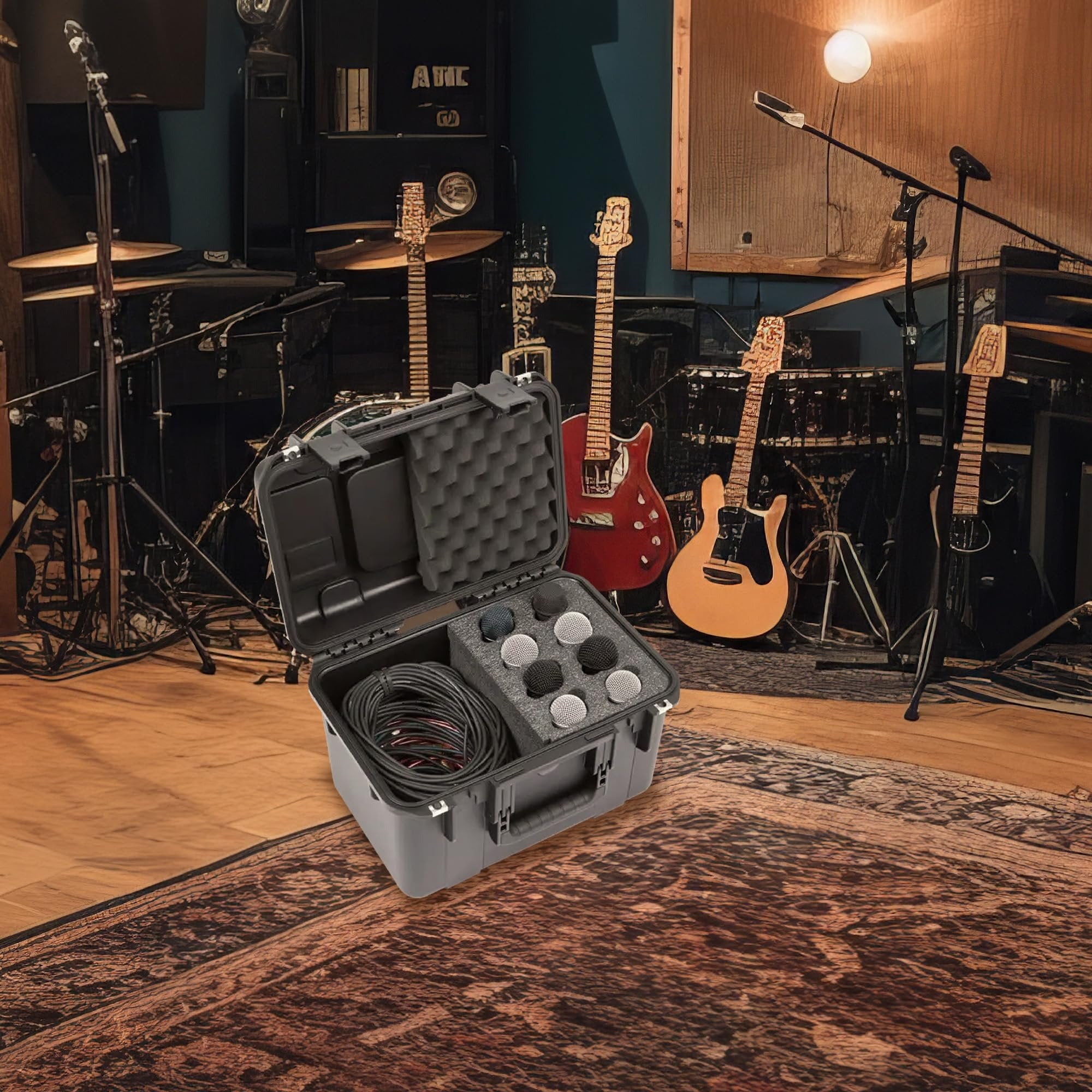 SKB iSeries Microphone Hard Case, Waterproof Polypropylene Shell with 8-Slot Foam Interior, Cable Storage and Wheels for Mic System Protection