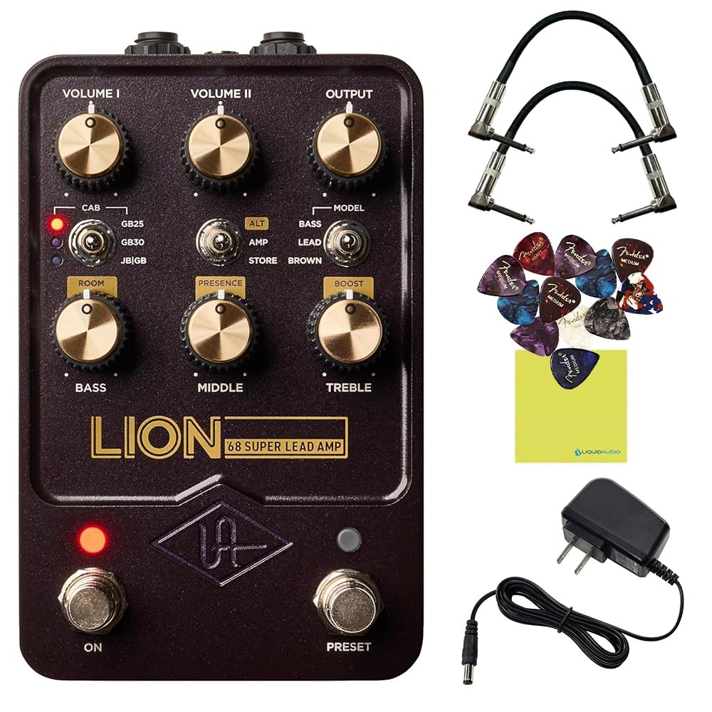 Universal Audio Lion '68 Super Lead Amp Pedal Bundle with 2x Right Angle Patch Cables, 9V Power Adapter, 12 Guitar Picks & Polishing Cloth – Authentic Tube Amp Tones, Versatile Gain Control