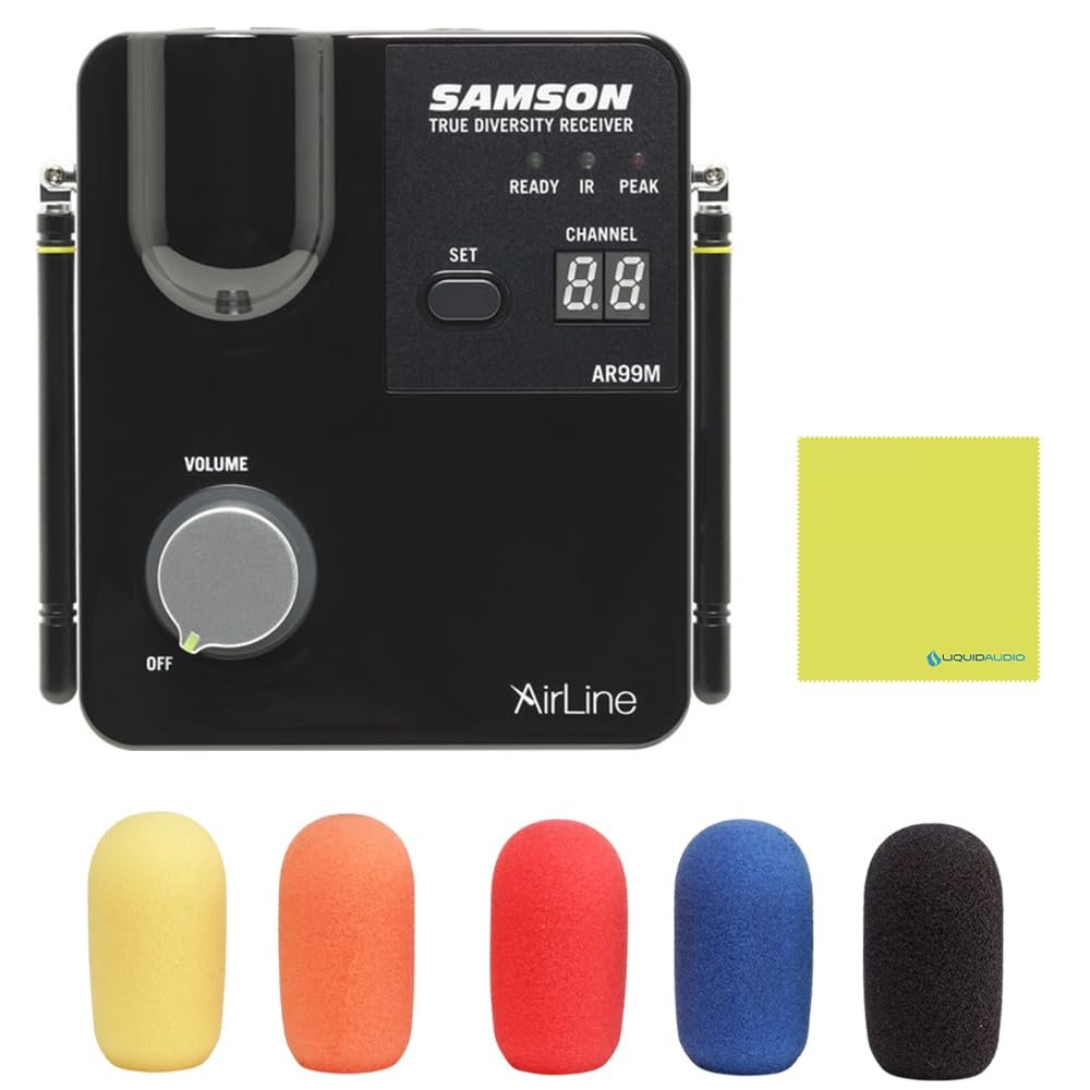 Samson Airline 99m Fitness Headset System D-Band (542–566 MHz), Black with Bundle with 5 Windscreens and Polishing Cloth – Fitness Instructor Microphone Headset System