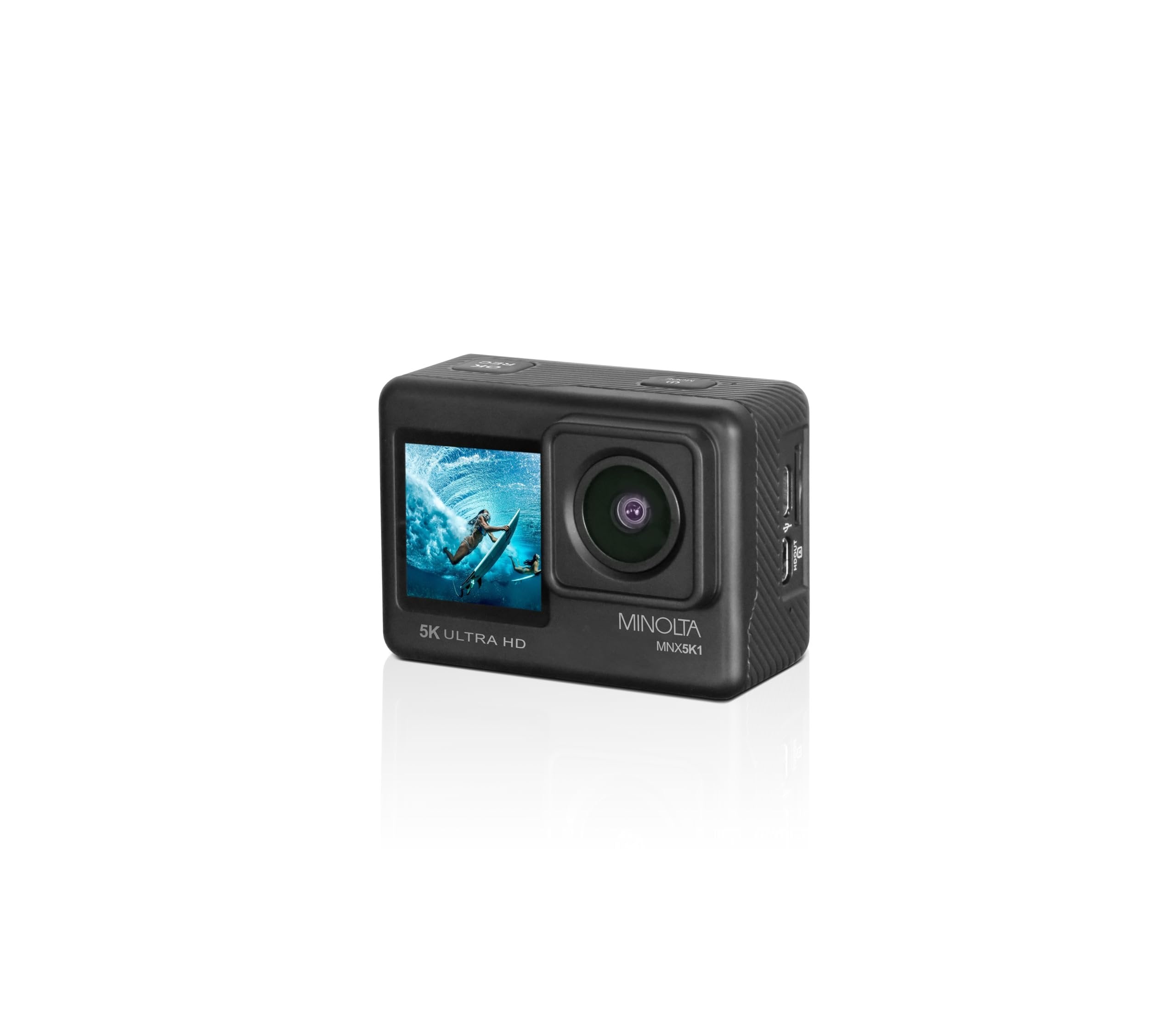 Minolta Action Camera – 5K Ultra HD at 30fps, 24MP Photos, 170° Wide-Angle Lens, Dual LCD Screens, Waterproof Case to 100ft, Wi-Fi Control, Sports Cam Kit (Black)
