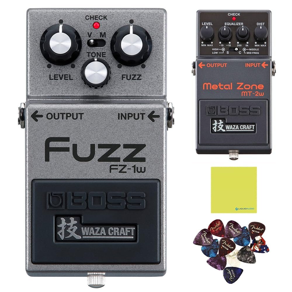 Boss FZ-1W Waza Craft Fuzz Pedal Bundle with Boss MT-2W Waza Metal Zone Distortion Pedal, 12 Guitar Picks and Polishing Cloth
