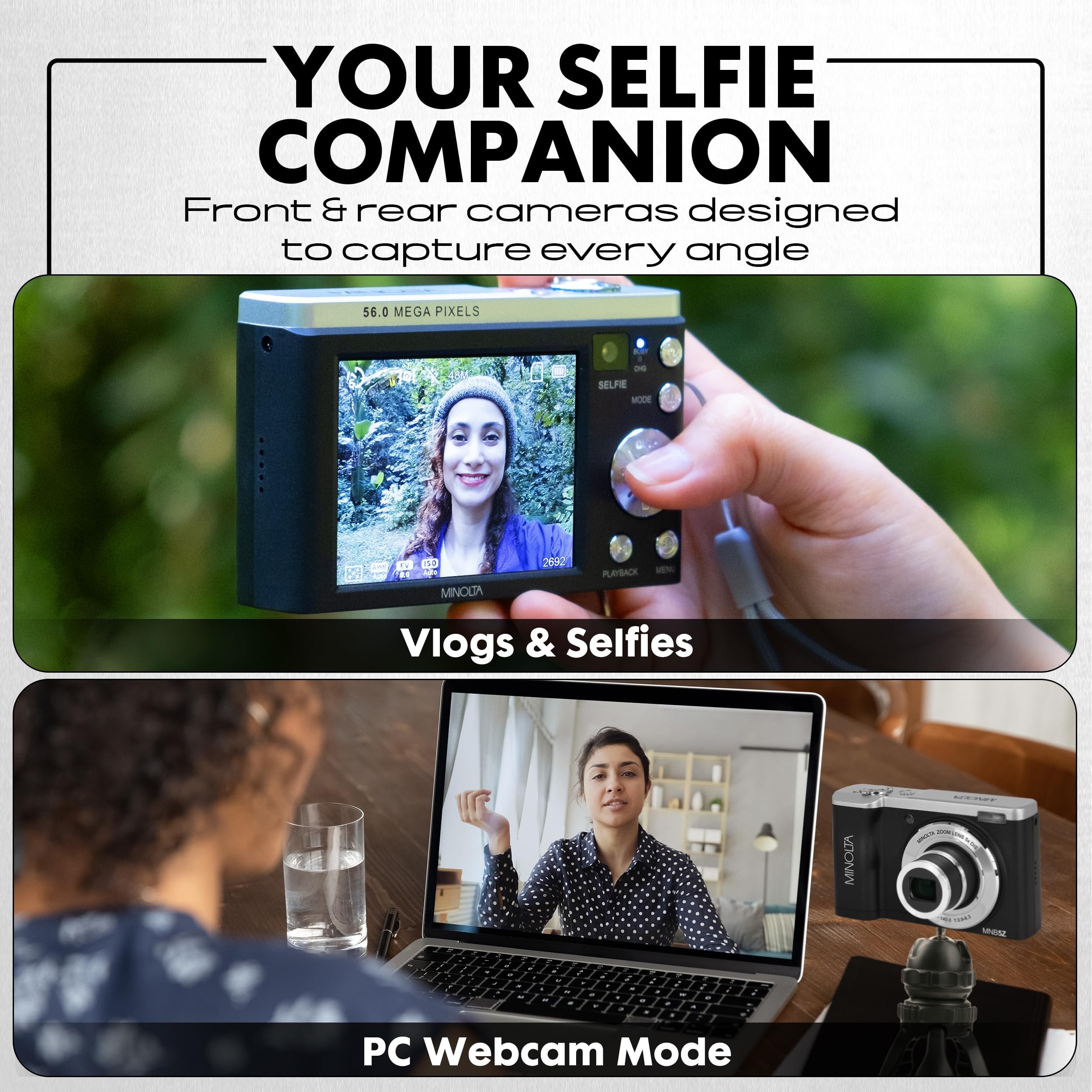 Minolta 56MP Dual Lens Digital Camera – 5X Optical Zoom, 5K Ultra HD Video, CMOS Sensor, 2.8-inch LCD Screen, Stabilization, Selfie Lens, 32GB Card, Rechargeable Battery (White)