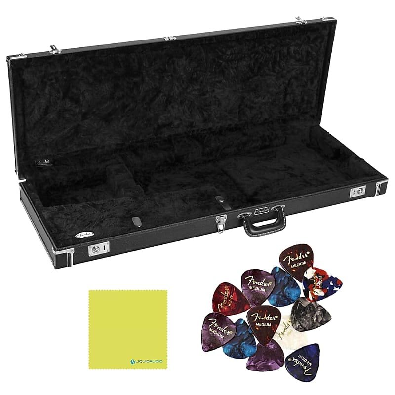 Fender Classic Series Wood Case - Jazzmaster®/Jaguar®, Black, 0996116306 Bundle w/ 12x Fender Picks and Liquid Audio Polishing Cloth