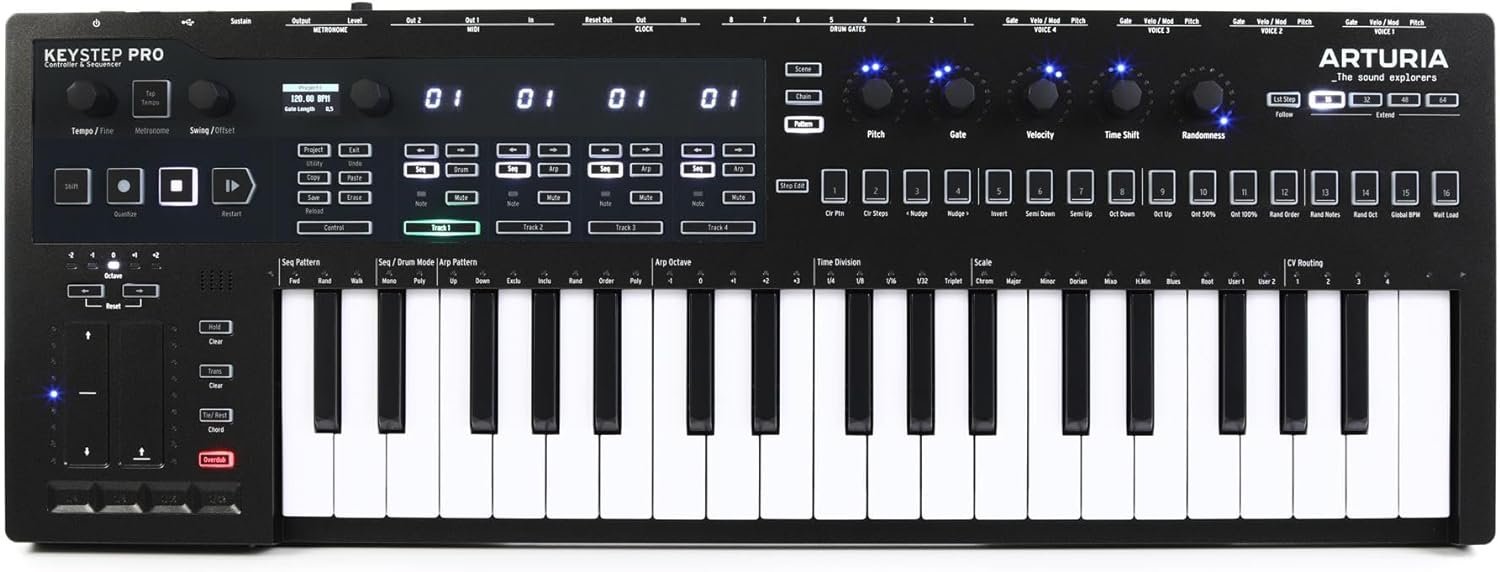 Arturia KeyStep Pro Chroma 37-Key Controller and Unparalleled 4-Track Sequencer and Keyboard with Blue LEDs and Stylish Knob Caps (Gray)
