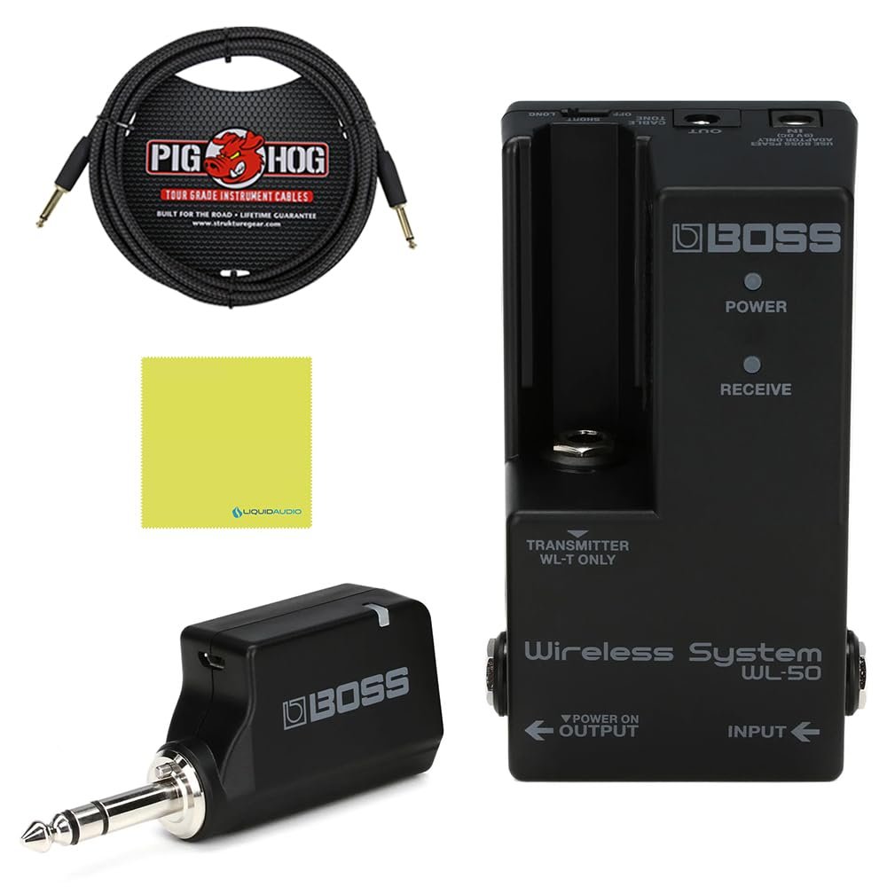 Boss WL-50 Guitar Wireless System Bundle with 10ft Pig Hog Black Woven Instrument Cable and Instrument Polishing Cloth - Compact Wireless Solution for Guitarists