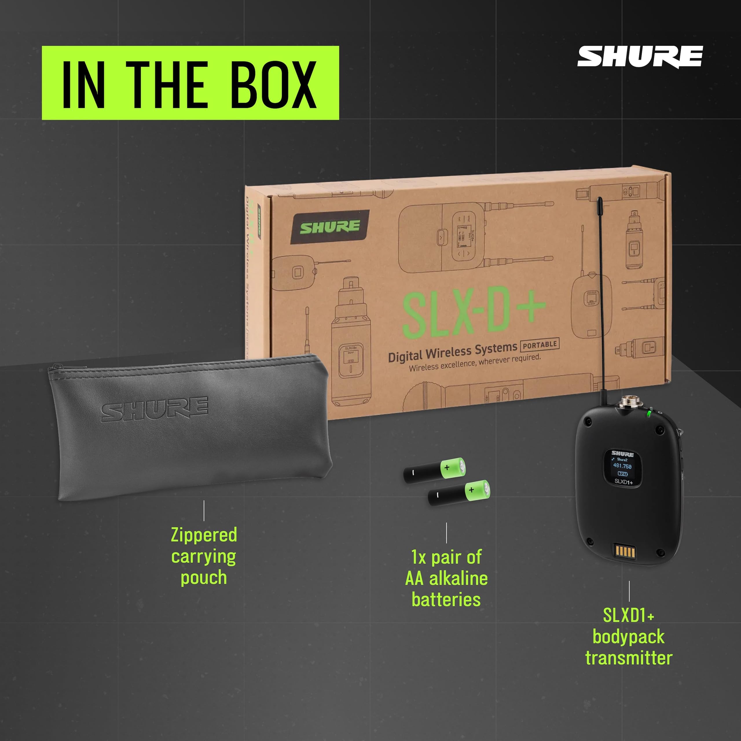 Shure SLXD1+ Bodypack Wireless Transmitter - Professional Hands-Free Audio Management, Wide-Tuning Capability, ShowLink Ease Control, Automatic Channel Scanning, Mobile Device Configuration Compatible