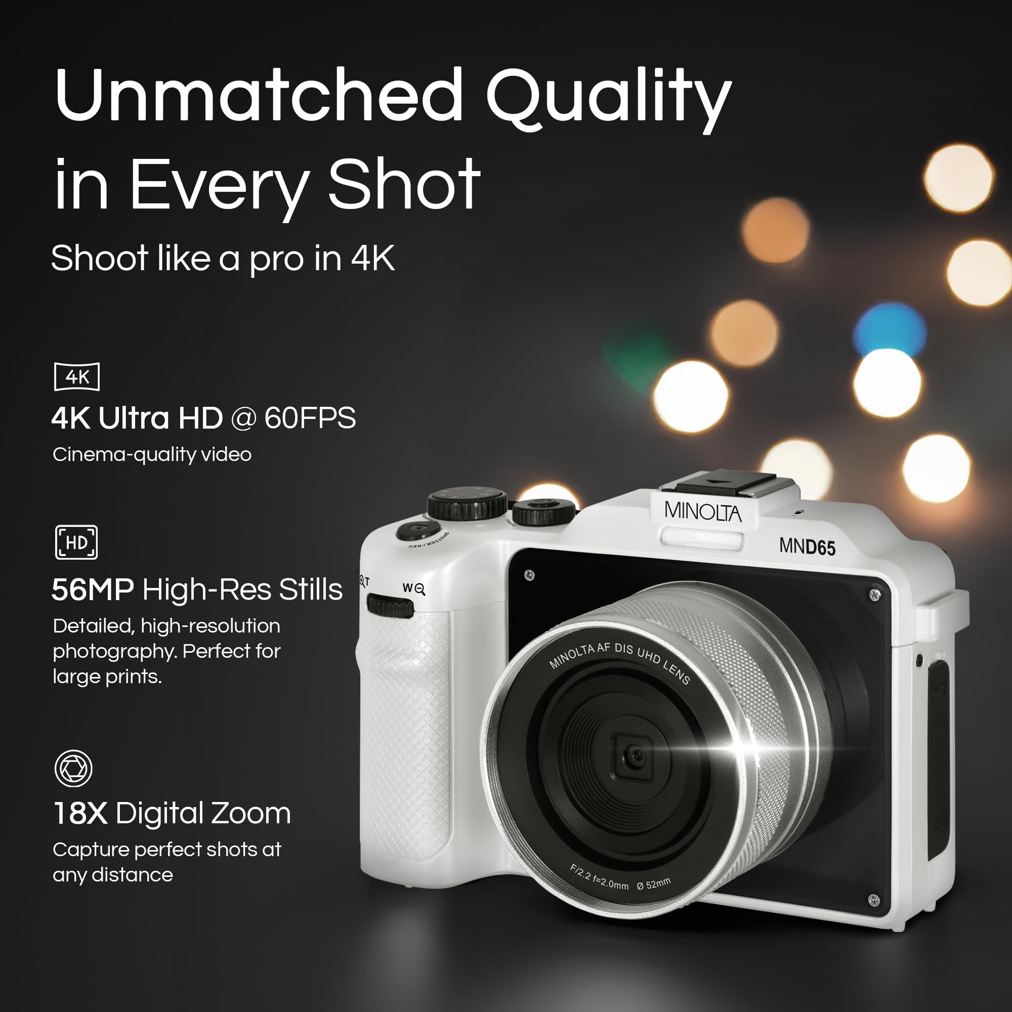 Minolta Digital Camera – 56MP Photos, 4K 60FPS Video, Dual-Lens Selfie Design, 18X Zoom, Wi-Fi, RAW/JPEG Capture, 3” LCD, Compact Travel Camera (Black)