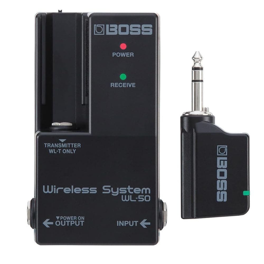 Boss WL-50 Guitar Wireless System Bundle with 10ft Pig Hog Black Woven Instrument Cable and Instrument Polishing Cloth - Compact Wireless Solution for Guitarists