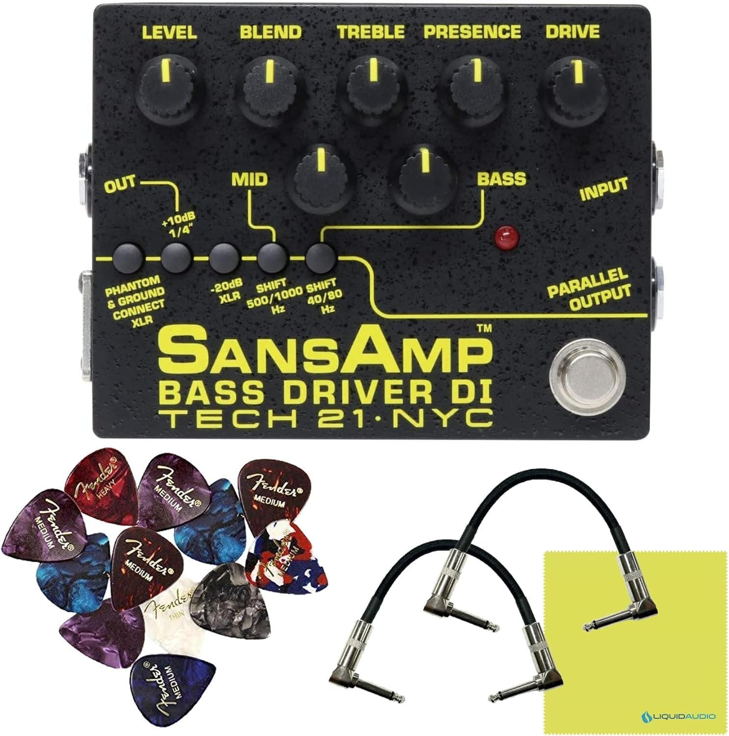 Tech 21 SansAmp Bass Driver DI V2 Pedal Bundle w/Guitar Patch Cables 1/4, 12x Fender Picks & Liquid Audio Polishing Cloth- Bass DI Box, XLR Output Guitar Effects, Bass Guitar Kit, Bass Driver Pedal