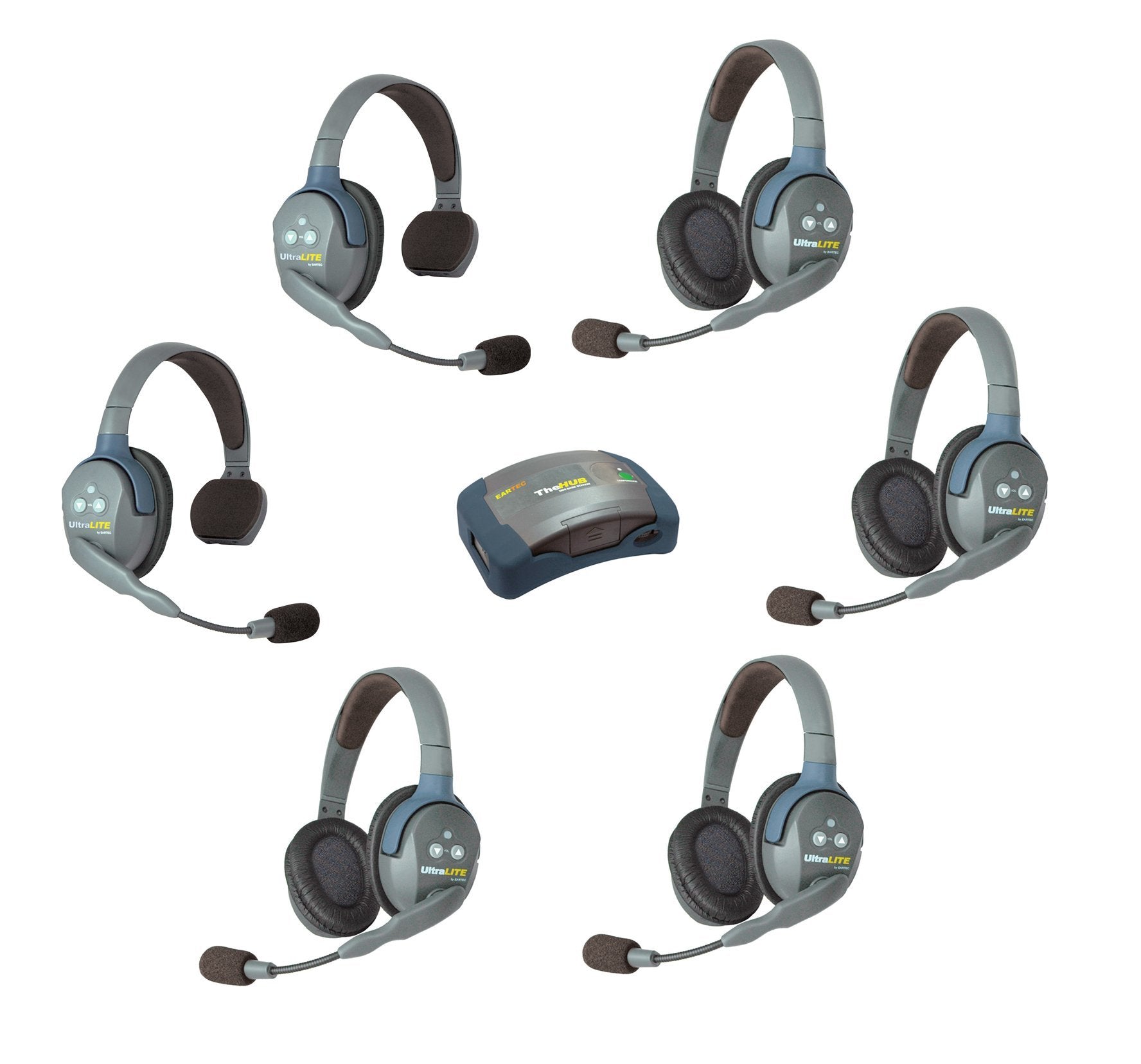 Eartec HUB624 UltraLITE Wireless System 2 Way Radio License-Free for 6 Users - 1 HUB Full Duplex Transceiver Base Station, 2-Pack of ULSR Single-Ear DECT Headset, 4-Pack ULDR Dual Ear Remote Headsets
