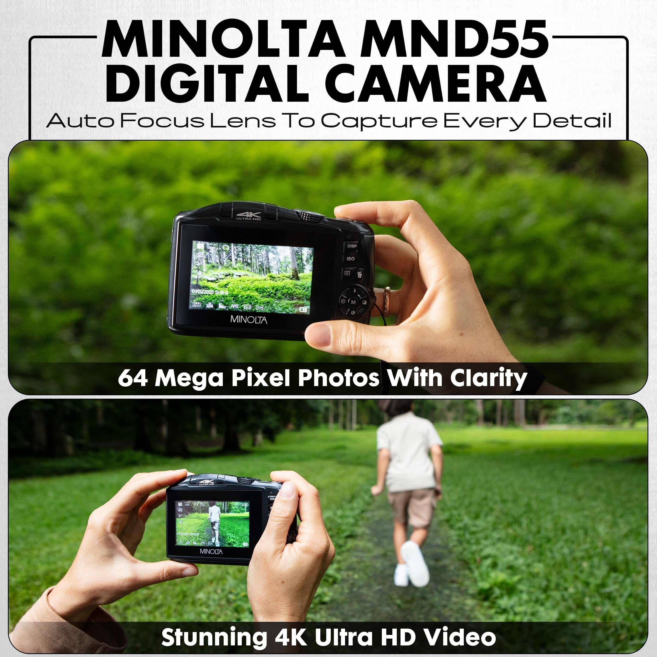 Minolta 64MP Digital Camera – 4K Ultra HD Video at 60FPS, 16x Digital Zoom, WiFi, CMOS Sensor, 3-inch LCD Display, Auto Exposure - Includes 32GB Memory Card, Rechargeable Battery (Blue)