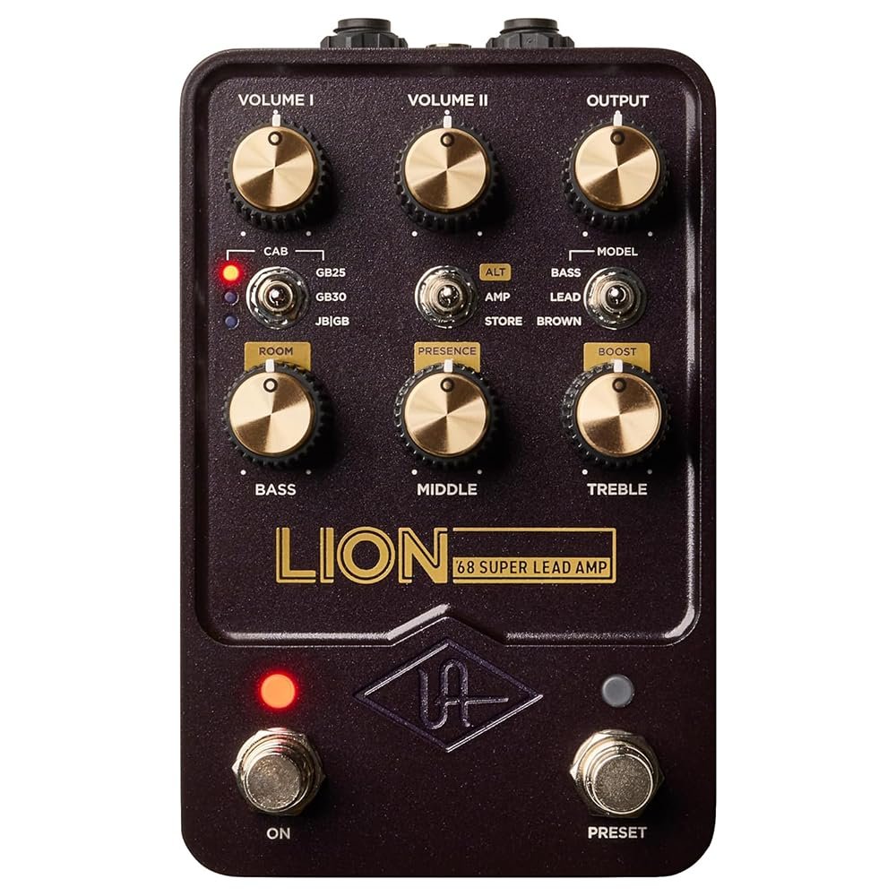 Universal Audio Lion '68 Super Lead Amp Pedal Bundle with 2x Right Angle Patch Cables, 9V Power Adapter, 12 Guitar Picks & Polishing Cloth – Authentic Tube Amp Tones, Versatile Gain Control