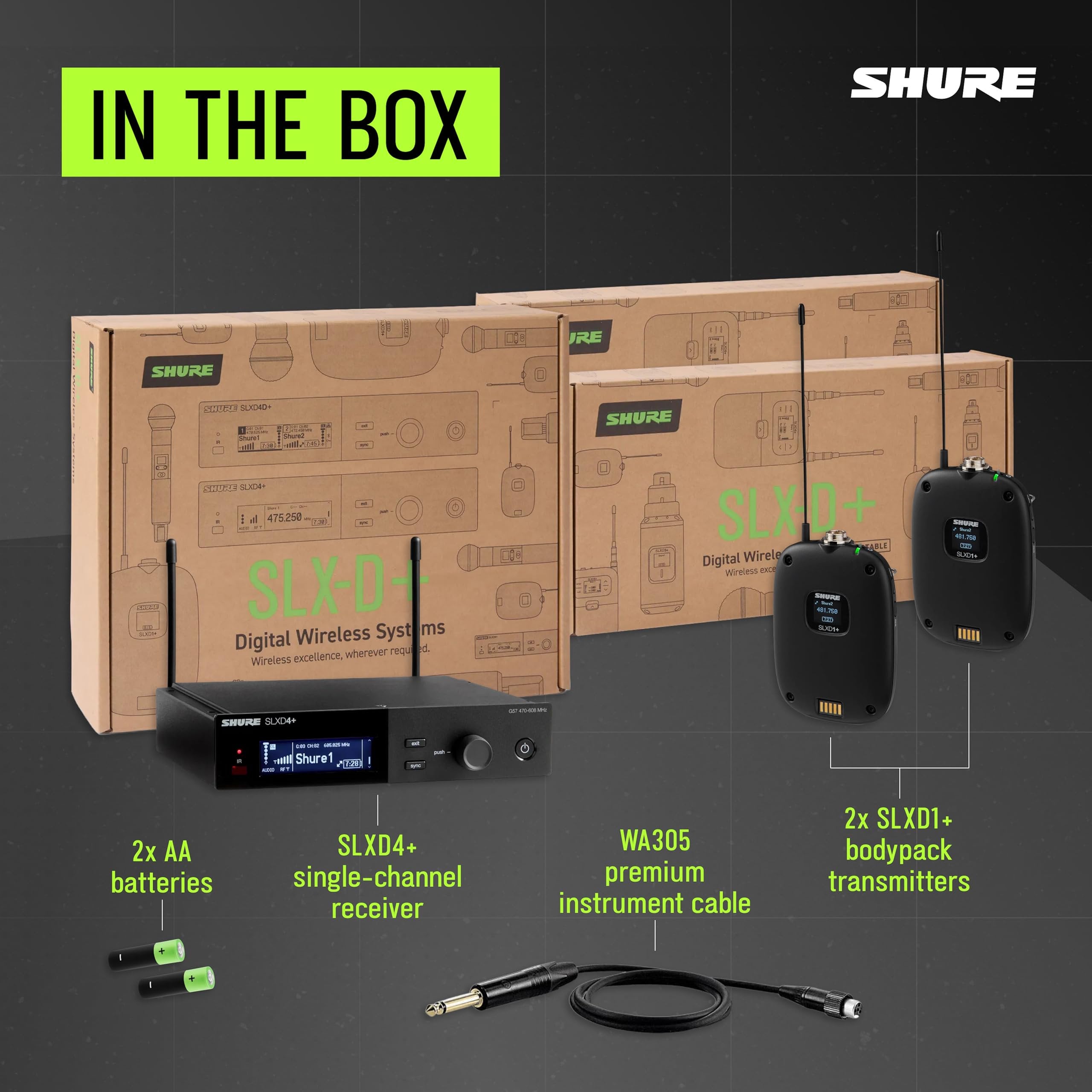 Shure SLXD14+ Wireless System - Includes SLXD4+ Receiver, SLXD1+ Bodypack with WA305 Cable for Guitar/Bass, Bluetooth Monitoring, Feedback Reduction, WWB and Mobile App Control, G57 Band