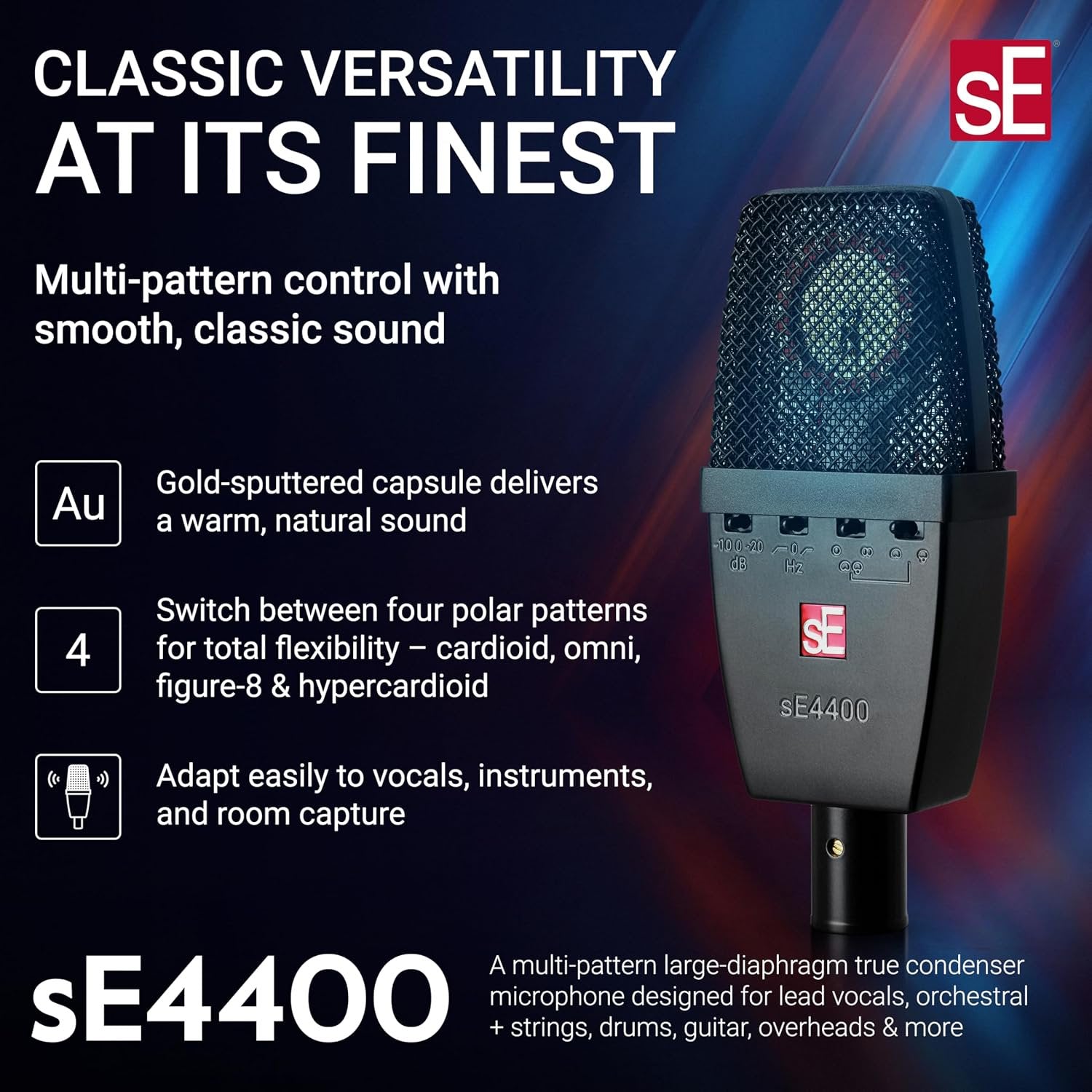 SE ELECTRONICS sE4400 Multi-Pattern Large Diaphragm Condenser Microphone with Gold Capsule, Pads & Low-Cut Filters & Shockmount - Professional Studio Recording Microphone (Matched Pair)