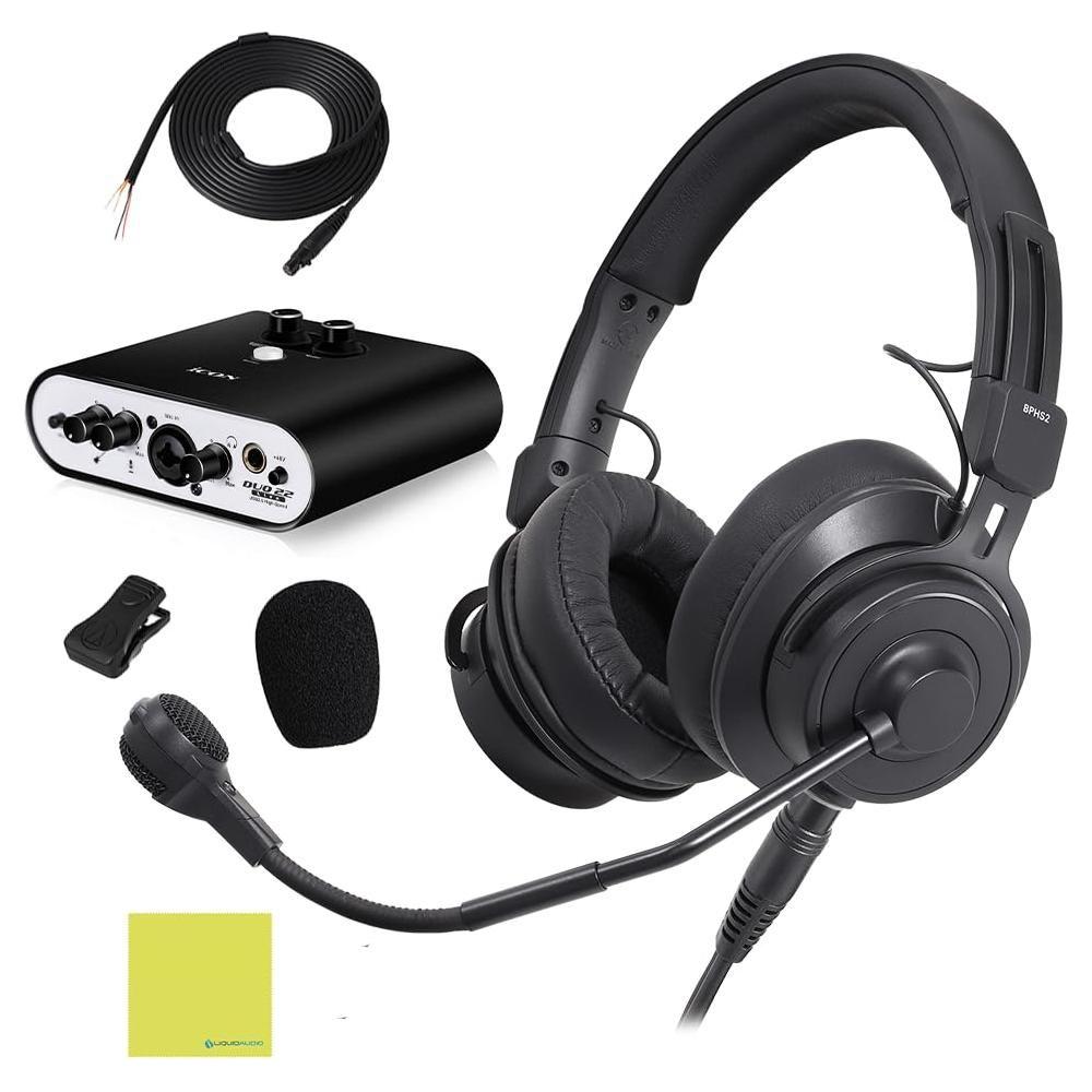Liquid Audio Audio Technica BPHS2 Broadcast Stereo Headset with Hypercardioid Dynamic Boom Microphone, Black Bundle w/Icon Duo22 Live Audio Interface Polishing Cloth