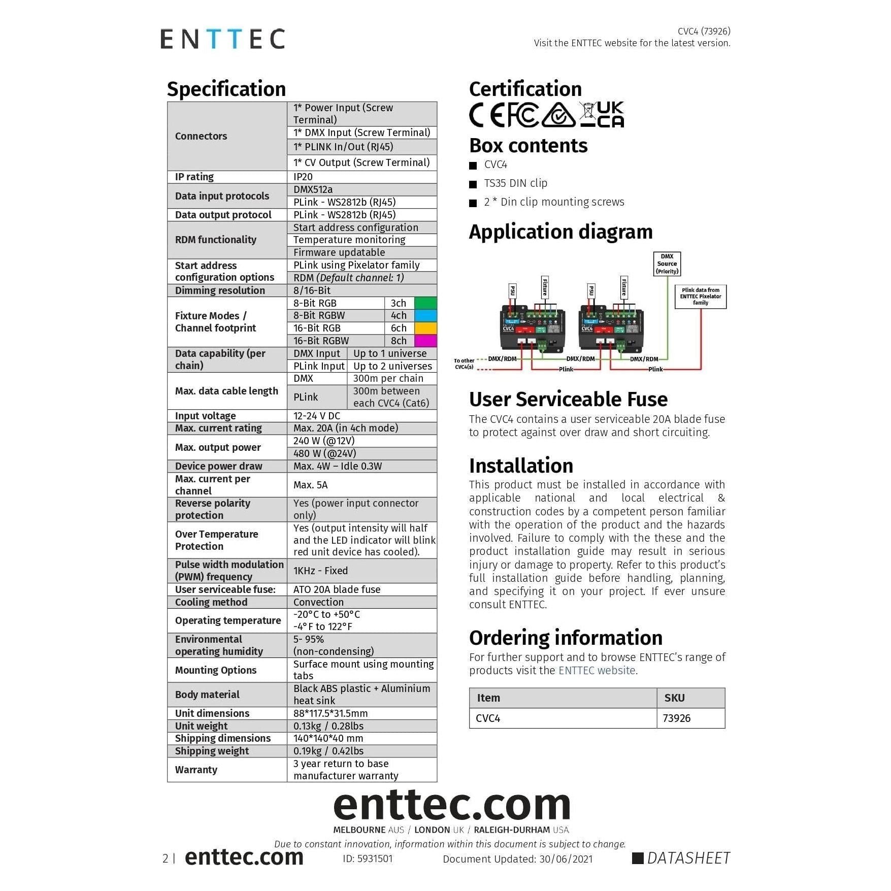 ENTTEC CVC4 73926 4-Channel Installation-Grade Constant Voltage LED Dimmer