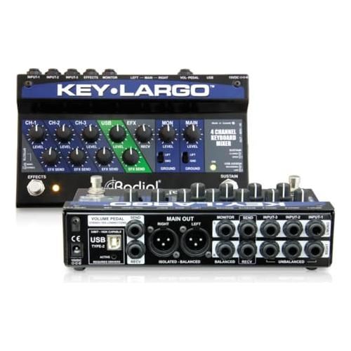 Radial Engineering Key-Largo Keyboard Mixer, USB Interface and Performance Pedal Bundle with Pig Hog 4X Neon Mono Patch Cables and Liquid Audio Polishing Cloth