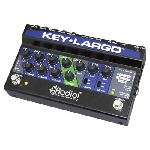 Radial Engineering Key-Largo Keyboard Mixer, USB Interface and Performance Pedal Bundle with Pig Hog 4X Neon Mono Patch Cables and Liquid Audio Polishing Cloth