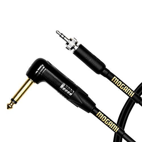 Mogami Gold BPSE TS-30R Belt Pack Instrument Cable for Wireless Instrument Systems, 1/4" TS Male Plug to 3.5mm Locking TRS Male Plug, Right Angle to Straight Connectors, 30 Inch