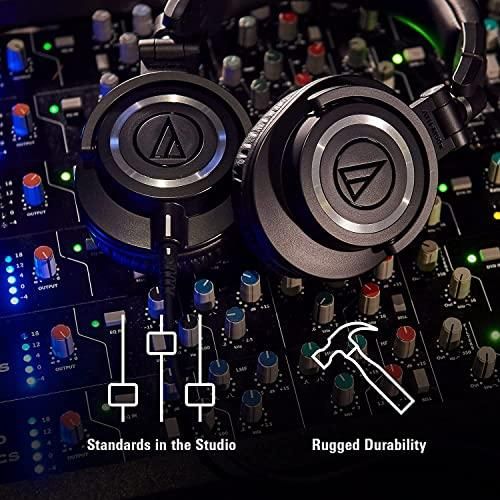 Audio-Technica ATH-M50X Professional Studio Monitor Headphones Bundle with Detachable Cables, Extension Cable, Carrying Pouch, and Polishing Cloth