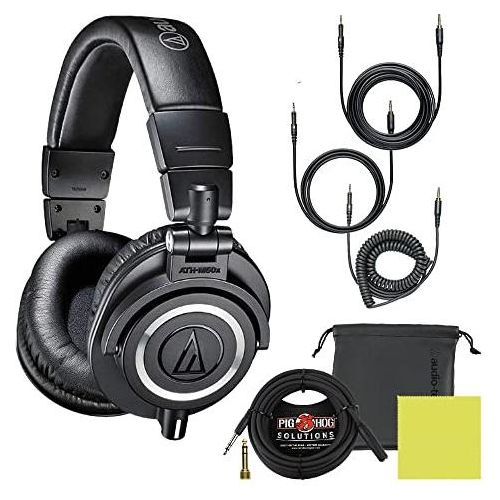 Audio-Technica ATH-M50X Professional Studio Monitor Headphones Bundle with Detachable Cables, Extension Cable, Carrying Pouch, and Polishing Cloth