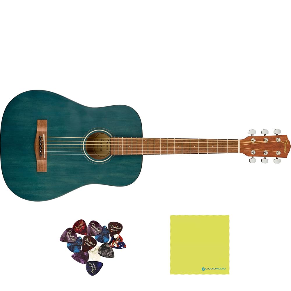Fender FA-15 3/4 Steel Acoustic Guitar, Walnut Fingerboard, Blue - 0971170187 Bundle w/ 12-Pack Guitar Pick and Liquid Audio Polishing Cloth