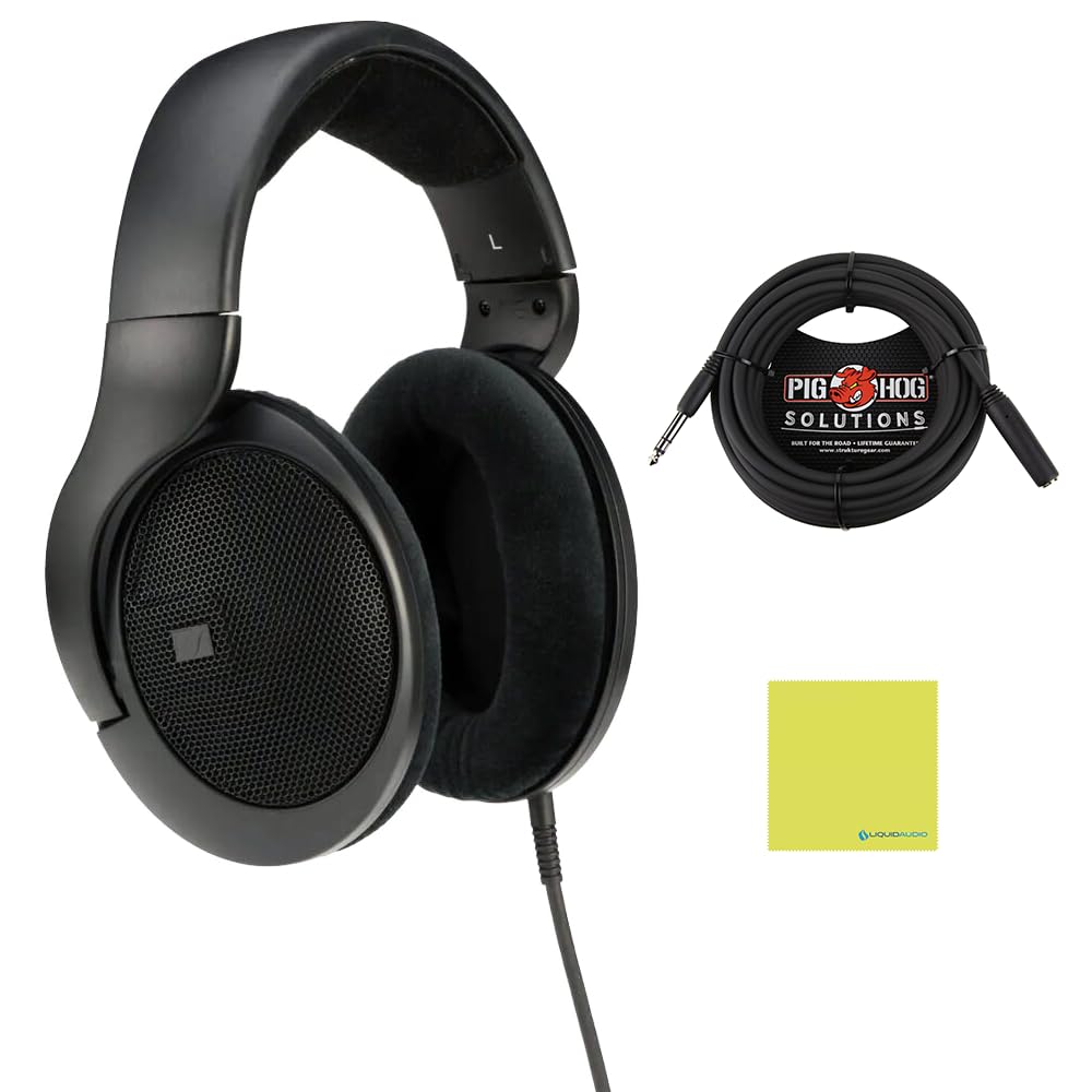 Liquid Audio Sennheiser HD 400 PRO Open-Back Dynamic Headphones in Black, Bundle w/Pig Hog PHX14-25 1/4" Headphone Extension Cable Polishing Cloth