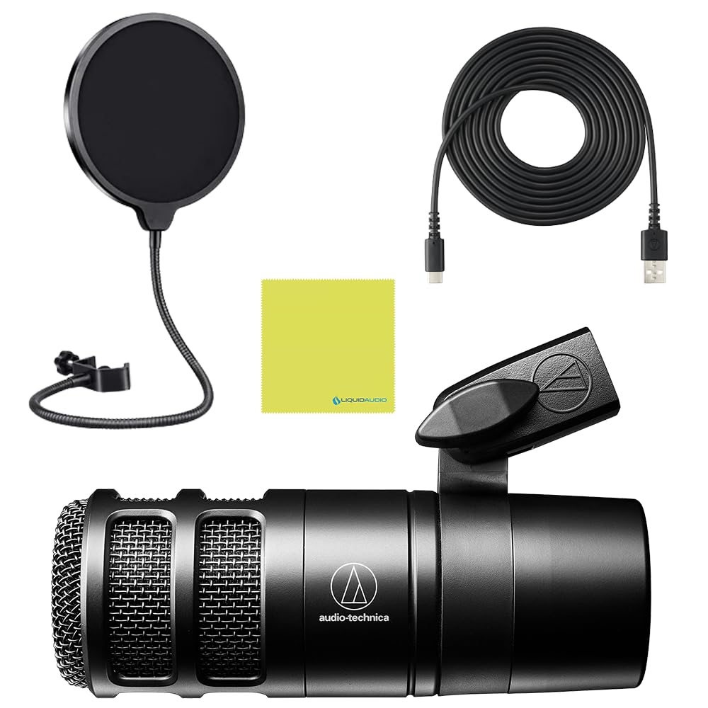 Liquid Audio Audio Technica AT2040 Black Hypercardioid Dynamic Podcast Microphone Bundle w/POP Filter Polishing Cloth