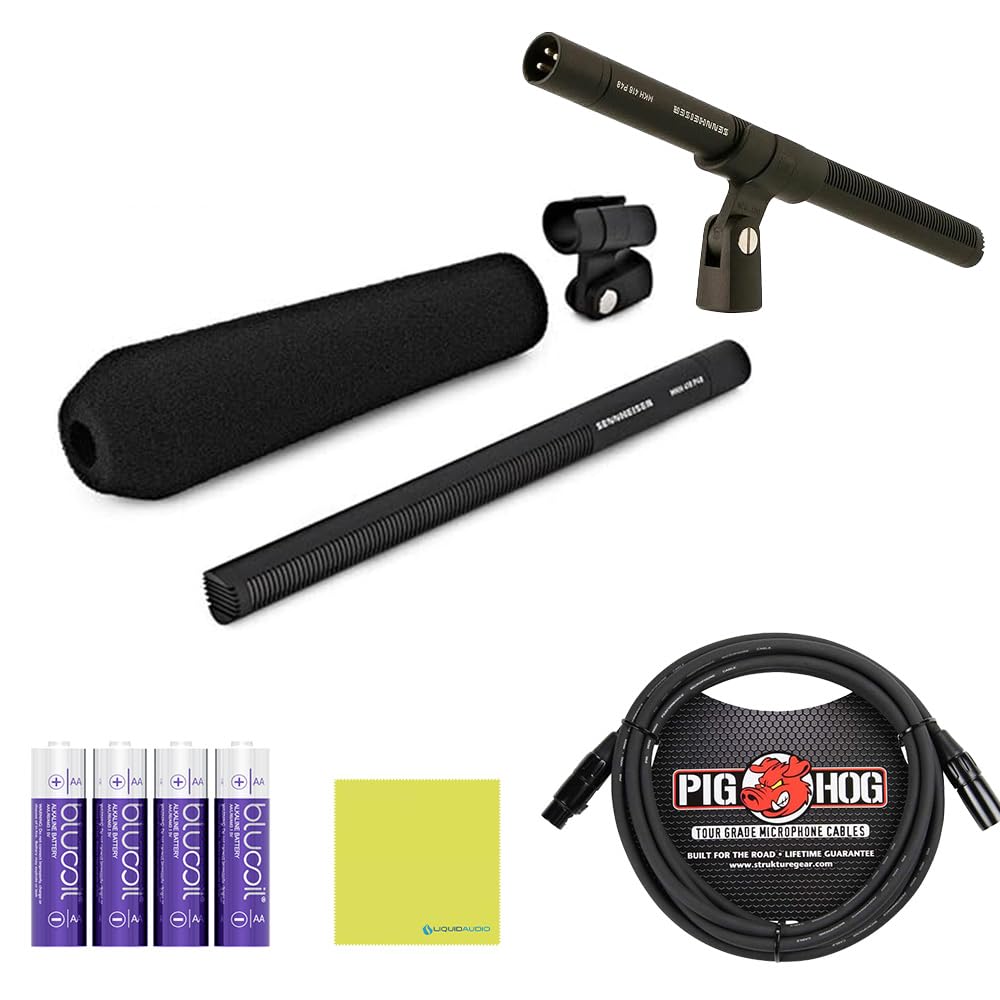 Liquid Audio Sennheiser MKH 416-P48U3 Moisture-Resistant Shotgun Microphone Bundle w/Pig Hog PHM10 8mm Mic Cable, 4-Pack Blucoil AA Batteries Polishing Cloth