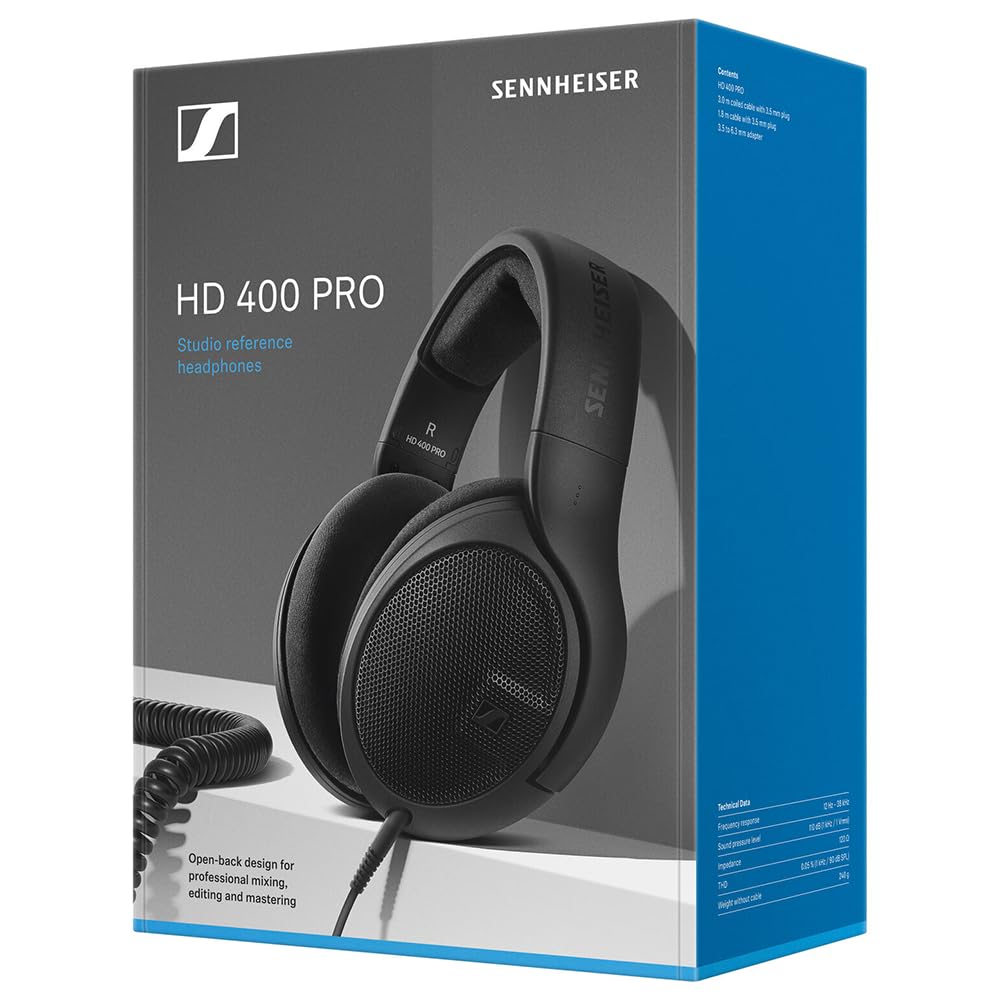 Liquid Audio Sennheiser HD 400 PRO Open-Back Dynamic Headphones in Black, Bundle w/Pig Hog PHX14-25 1/4" Headphone Extension Cable Polishing Cloth