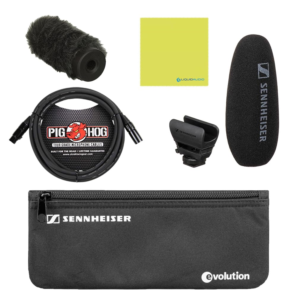 Liquid Audio Sennheiser MKE 600 Shotgun Condenser Microphone Bundle w/Sennheiser MZH 600 Windshield, Pig Hog PHM10 8mm Mic Cable Polishing Cloth