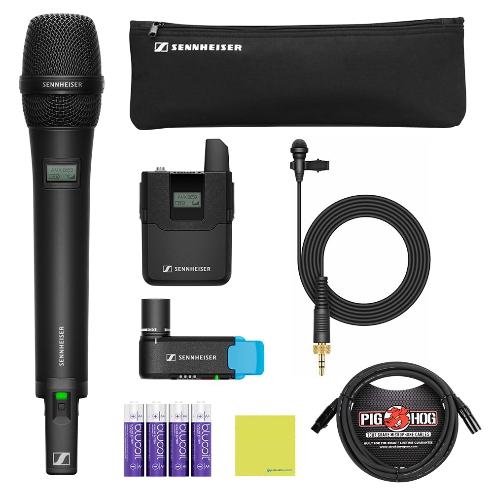 Liquid Audio Sennheiser AVX-Combo Set-4 Wireless Handheld Omnidirectional Microphone Bundle w/Pig Hog PHM10 8mm Mic Cable, 4-Pack Blucoil AA Batteries Polishing Cloth