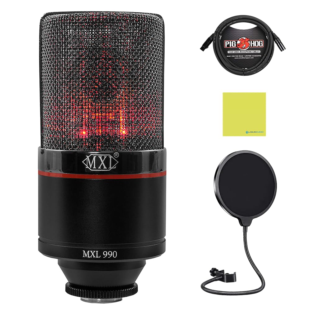 Liquid Audio - MXL 990 Blaze LED Studio Quality Condenser Microphone Bundle w/Pig Hog PHM10 8mm Mic Cable, Pop Filter Polishing Cloth