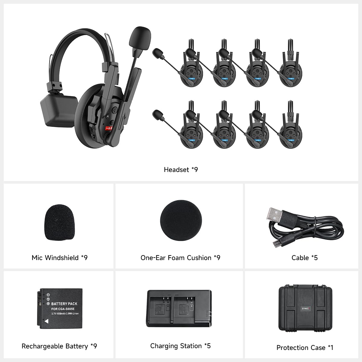SYNCO XTalk XPro9 Wireless Intercom Headset System with Antenna Enhanced Signal Reception Support 500m/1640ft 2.4GHz 9-Person Team Communication,24-Hour Battery Life